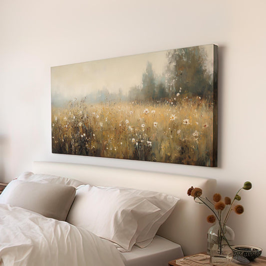 Misty Meadow Canvas Art | Impasto Impressionism Print | Bohemian Wall Art For Living Room | Sandstone Fog Art Horizontal Art