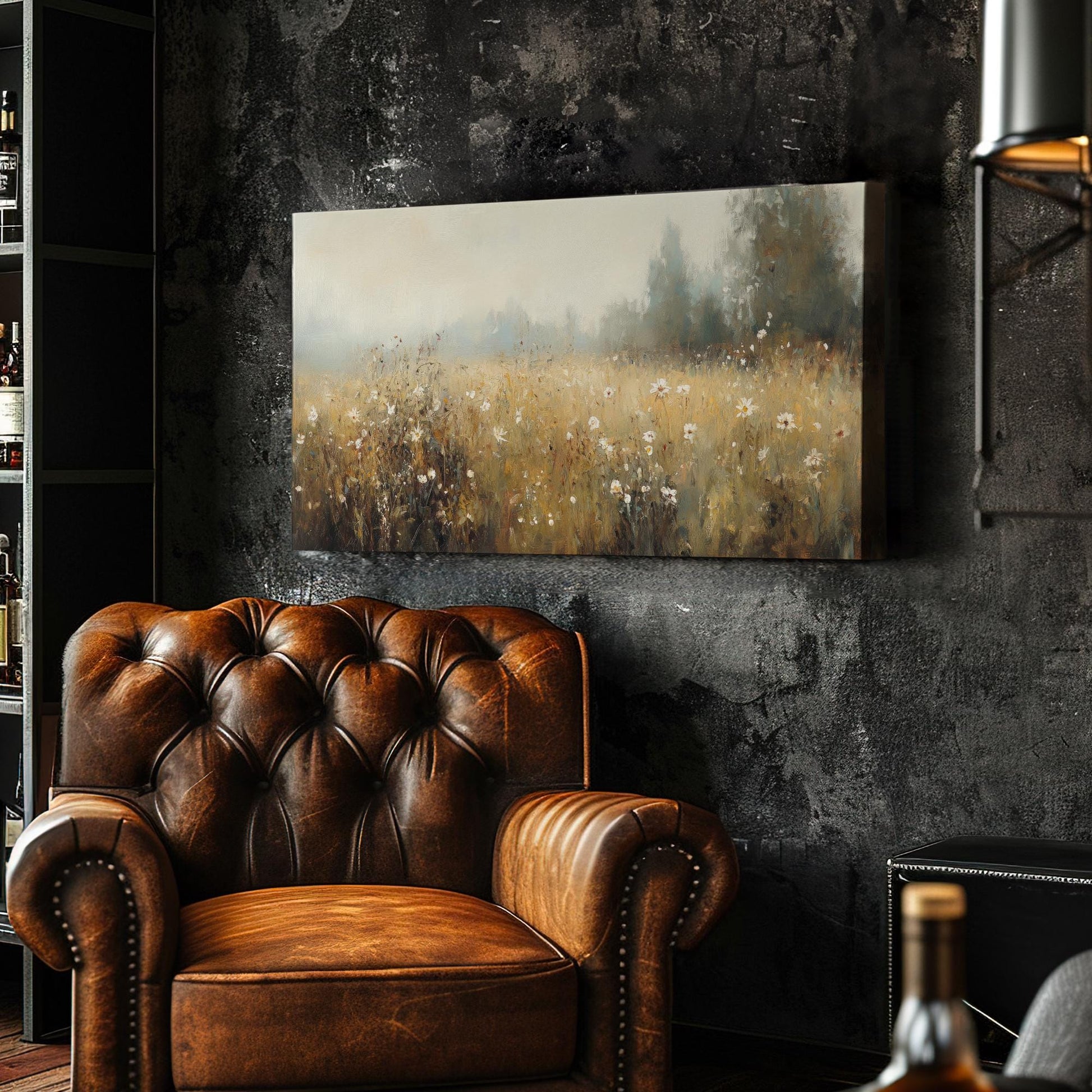 Misty Meadow Canvas Art | Impasto Impressionism Print | Bohemian Wall Art For Living Room | Sandstone Fog Art Horizontal Art