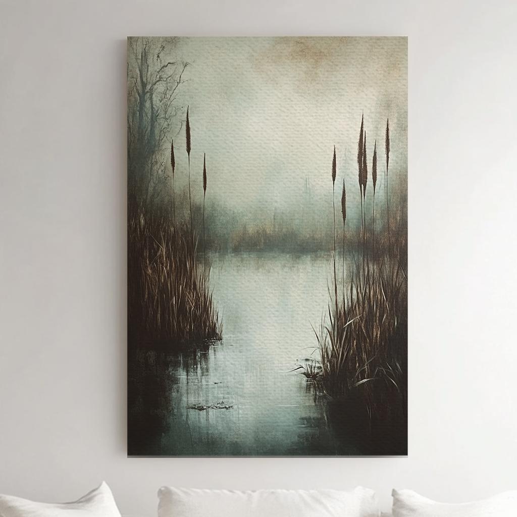 Misty Marsh Canvas Art | Textured Impressionism Print | Tranquil Zen Wall Art For Living Room | Silver Sage Art Vertical Canvas