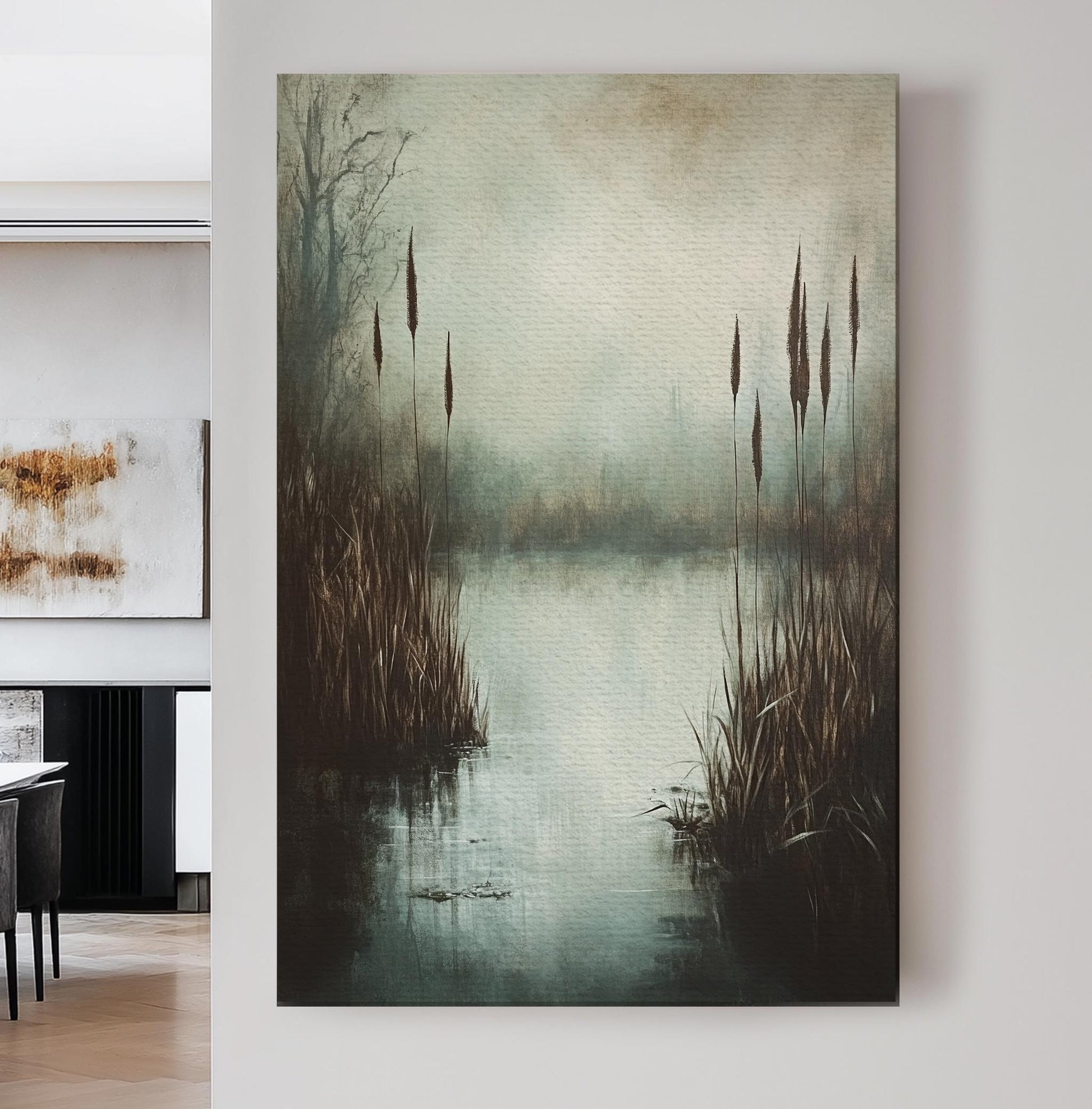 Misty Marsh Canvas Art | Textured Impressionism Print | Tranquil Zen Wall Art For Living Room | Silver Sage Art Vertical Canvas