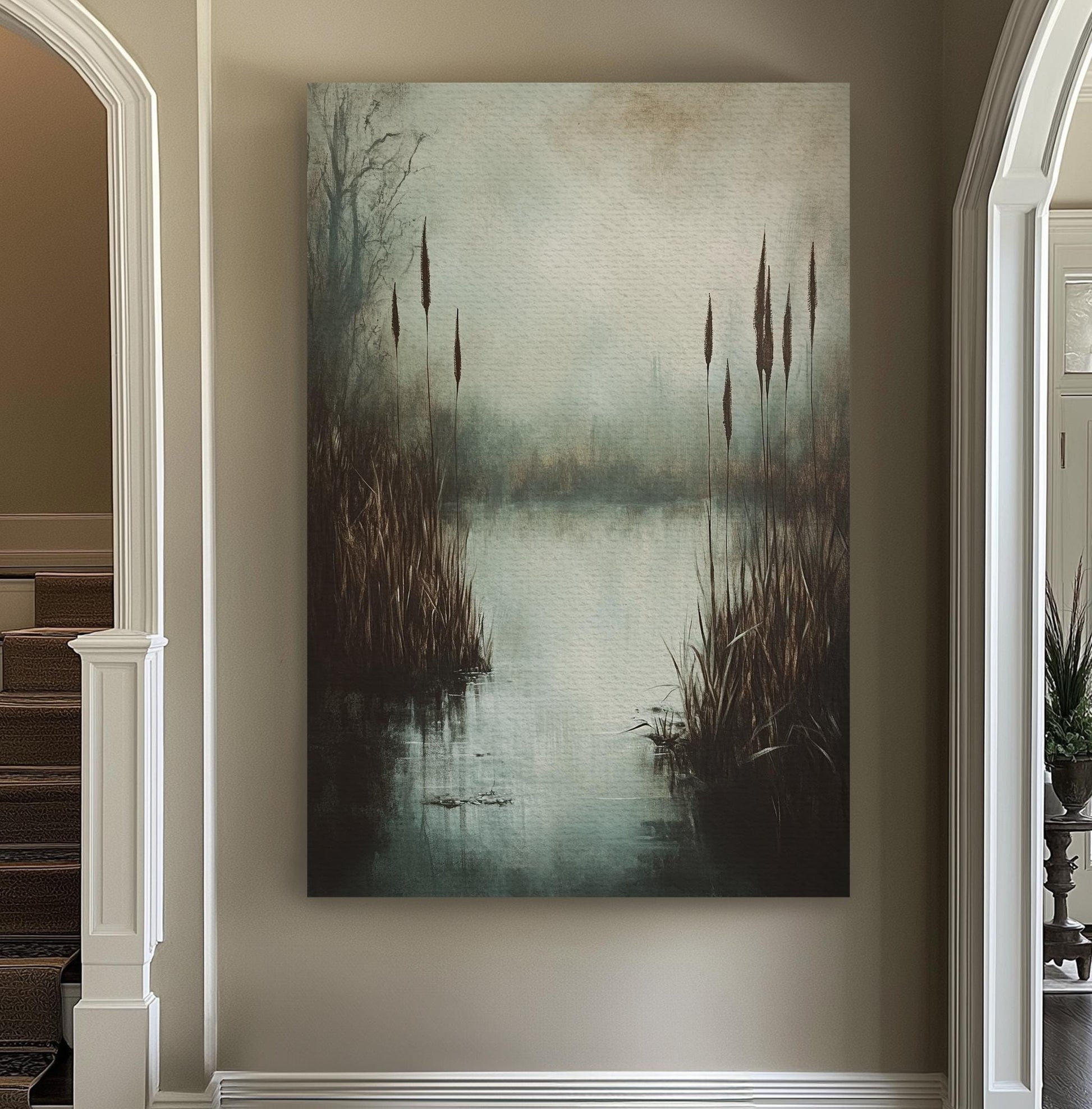 Misty Marsh Canvas Art | Textured Impressionism Print | Tranquil Zen Wall Art For Living Room | Silver Sage Art Vertical Canvas