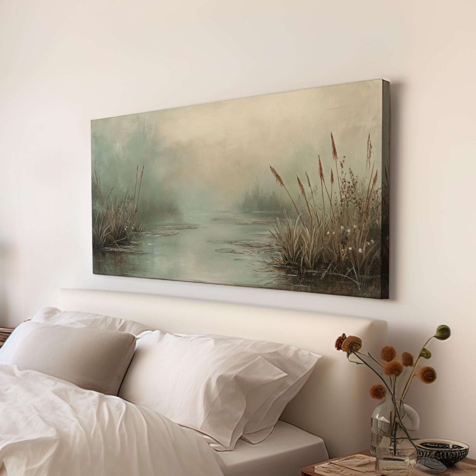 Misty Marsh Canvas Art | Impressionistic Fog Print | Tranquil Zen Wall Art For Living Room | Sage Green Art Horizontal Art