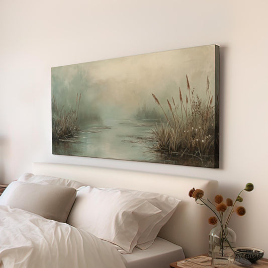 Misty Marsh Canvas Art | Impressionistic Fog Print | Tranquil Zen Wall Art For Living Room | Sage Green Art Horizontal Art