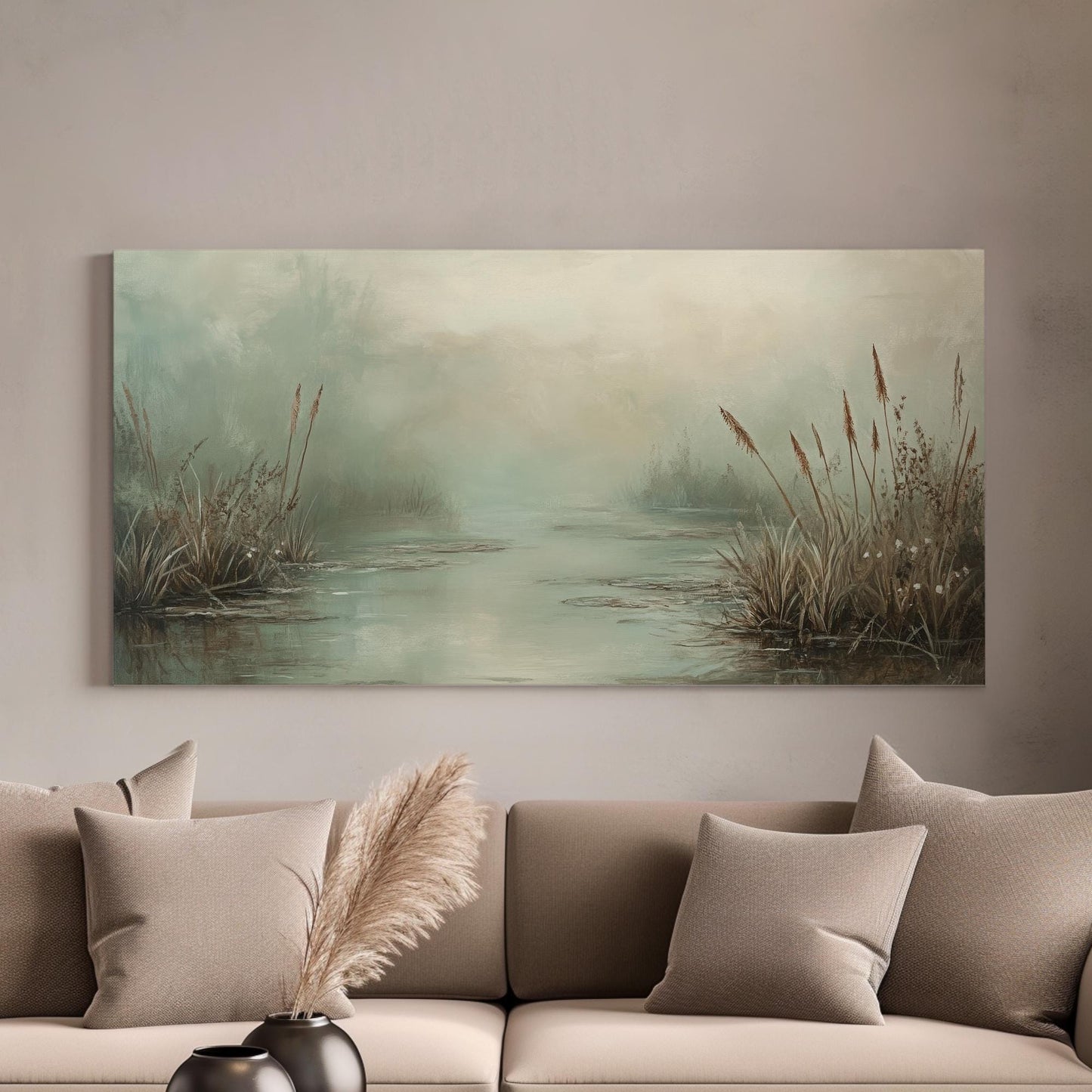 Misty Marsh Canvas Art | Impressionistic Fog Print | Tranquil Zen Wall Art For Living Room | Sage Green Art Horizontal Art