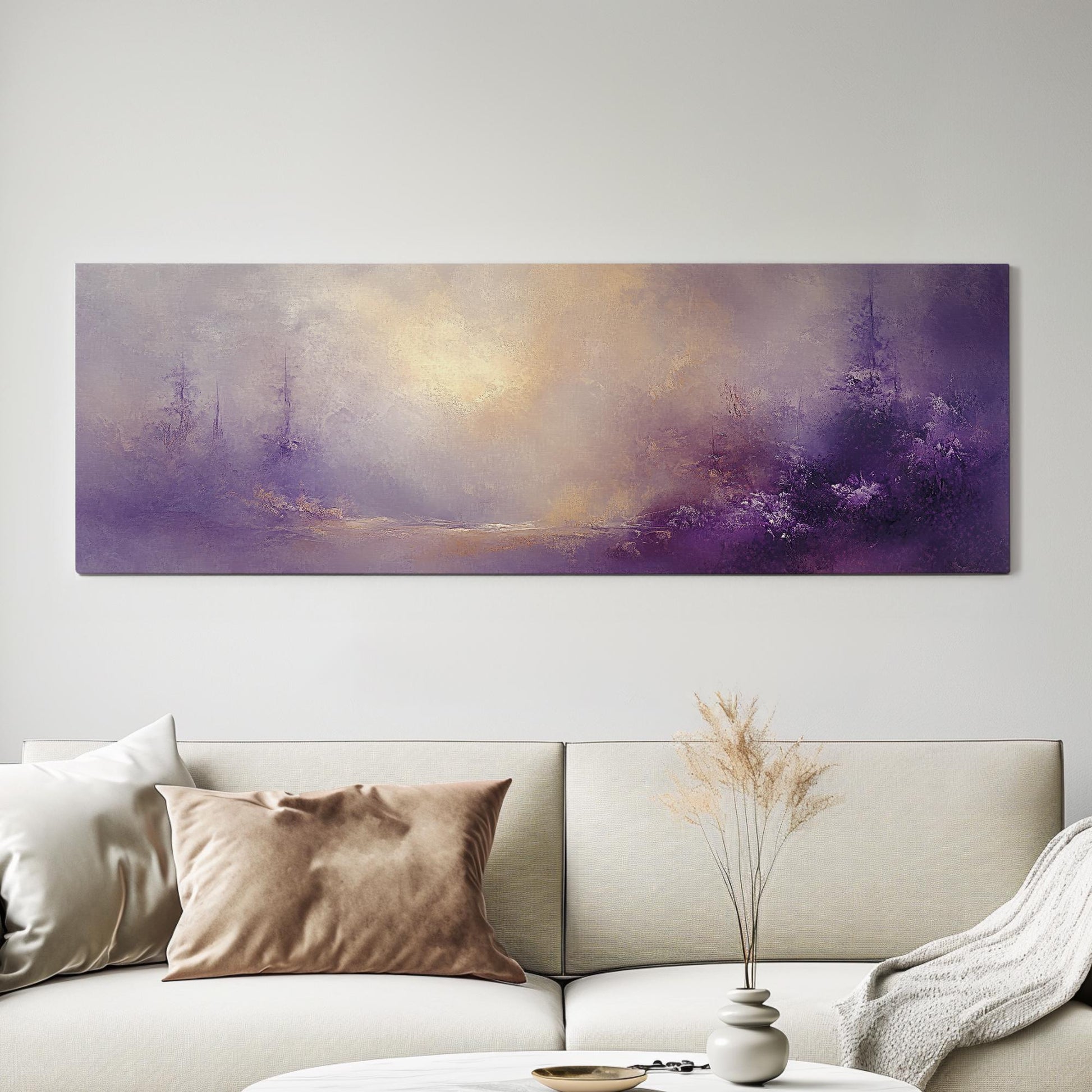 Misty Forest Canvas Art | Impasto Print | Bohemian Wall Art For Living Room | Amethyst Dusk Art | Tranquil Decor Panoramic Wall Art
