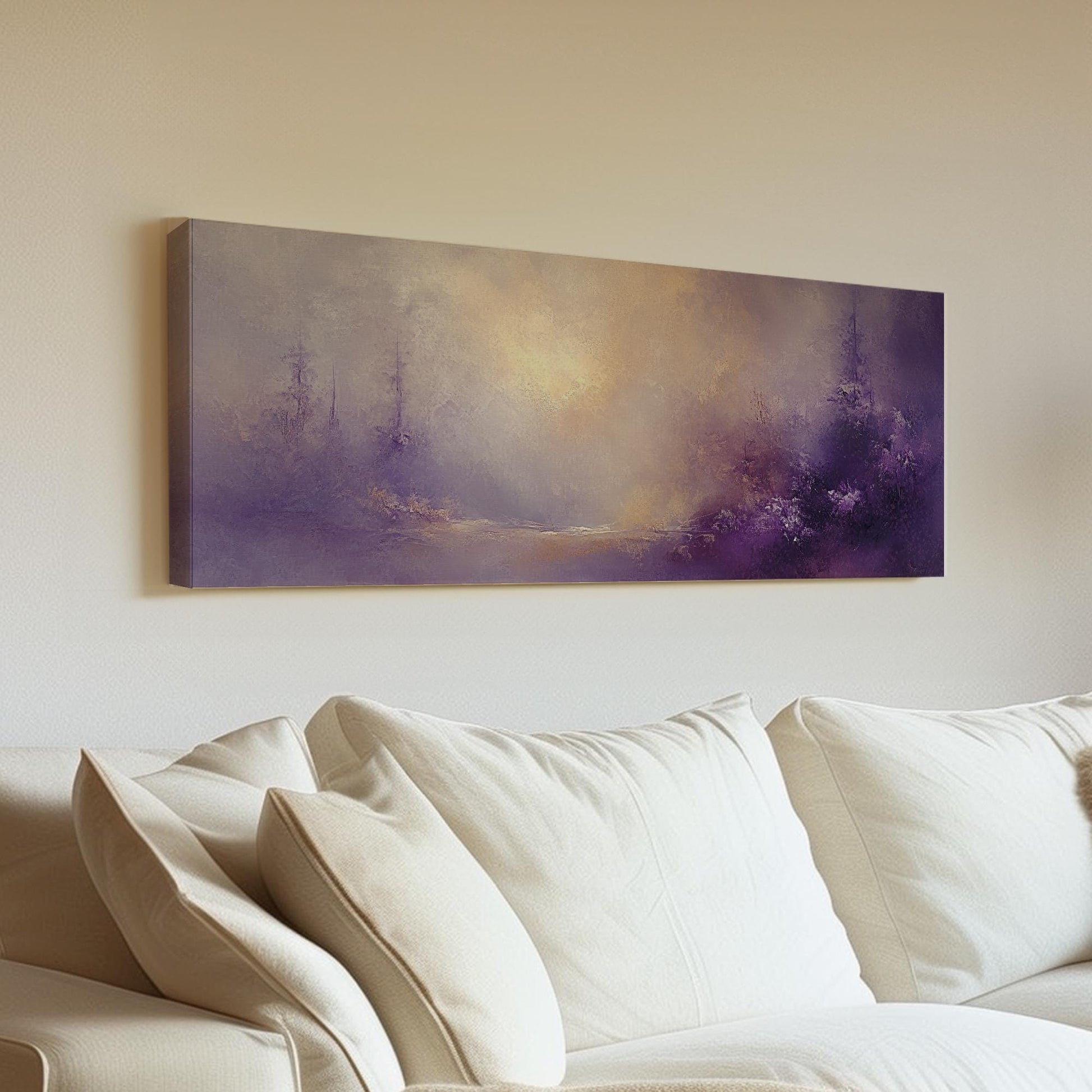 Misty Forest Canvas Art | Impasto Print | Bohemian Wall Art For Living Room | Amethyst Dusk Art | Tranquil Decor Panoramic Wall Art