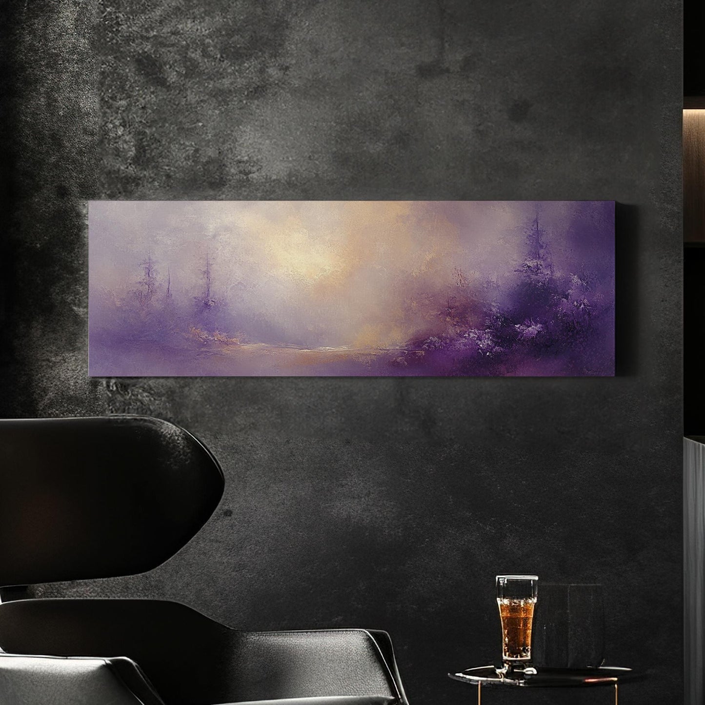 Misty Forest Canvas Art | Impasto Print | Bohemian Wall Art For Living Room | Amethyst Dusk Art | Tranquil Decor Panoramic Wall Art