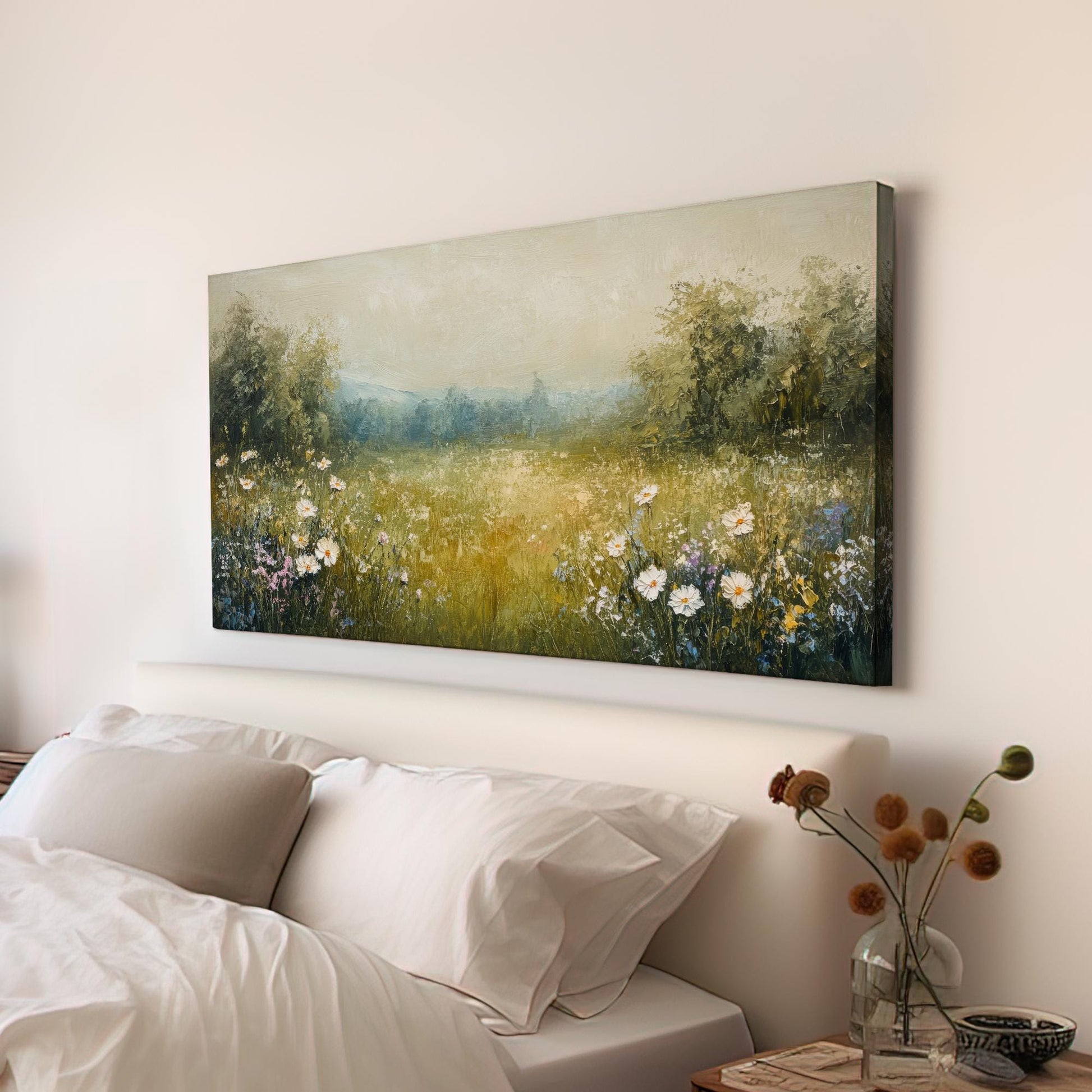 Serene Meadow Canvas Art | Impasto Floral Print | Bohemian Wall Art For Living Room | Sage Green Art | Tranquil Home Decor Horizontal Art