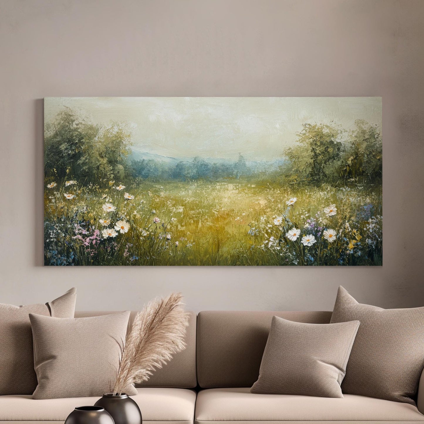 Serene Meadow Canvas Art | Impasto Floral Print | Bohemian Wall Art For Living Room | Sage Green Art | Tranquil Home Decor Horizontal Art