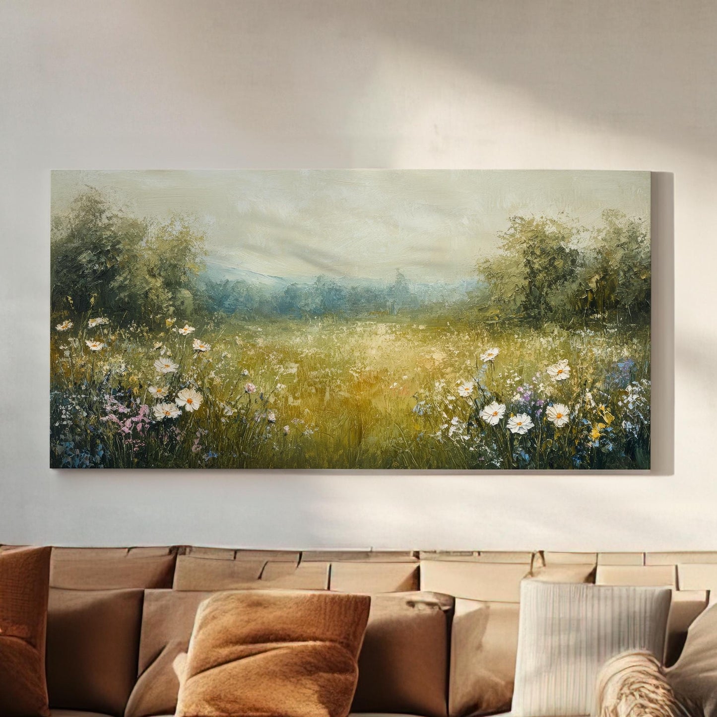 Serene Meadow Canvas Art | Impasto Floral Print | Bohemian Wall Art For Living Room | Sage Green Art | Tranquil Home Decor Horizontal Art
