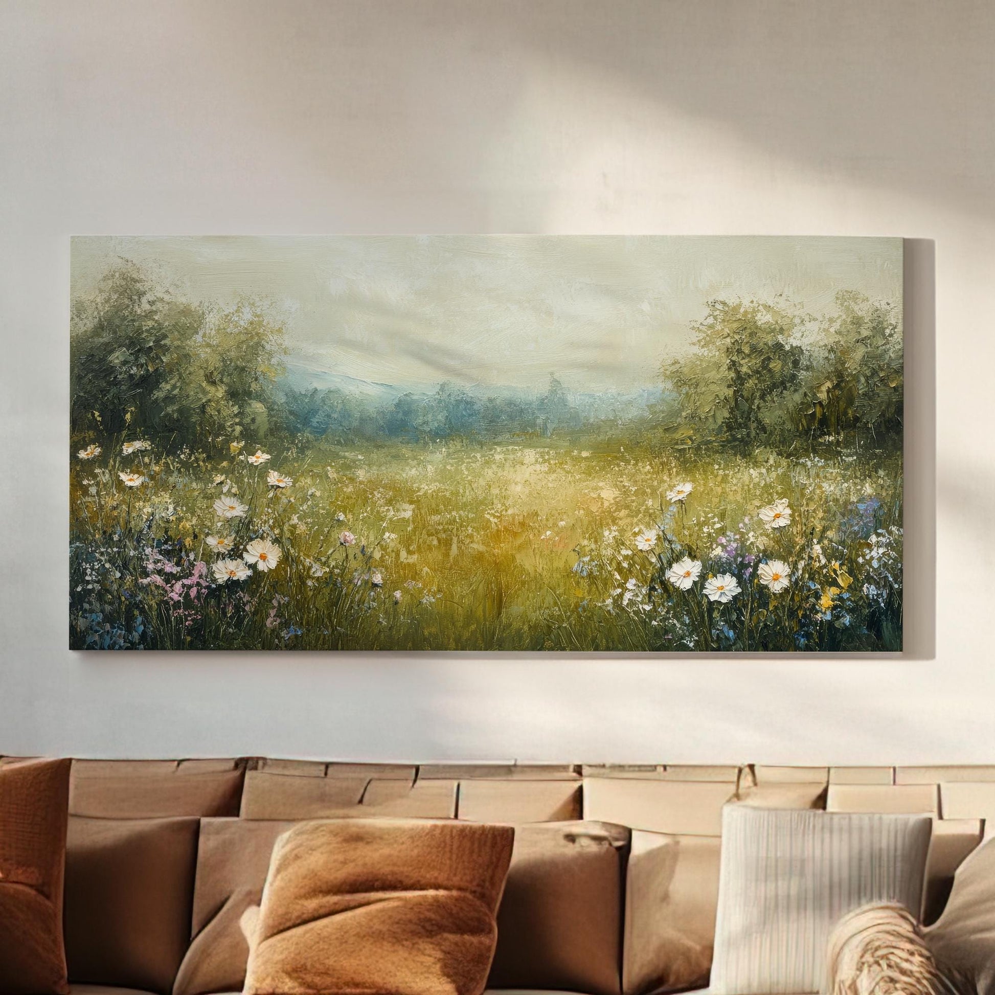 Serene Meadow Canvas Art | Impasto Floral Print | Bohemian Wall Art For Living Room | Sage Green Art | Tranquil Home Decor Horizontal Art