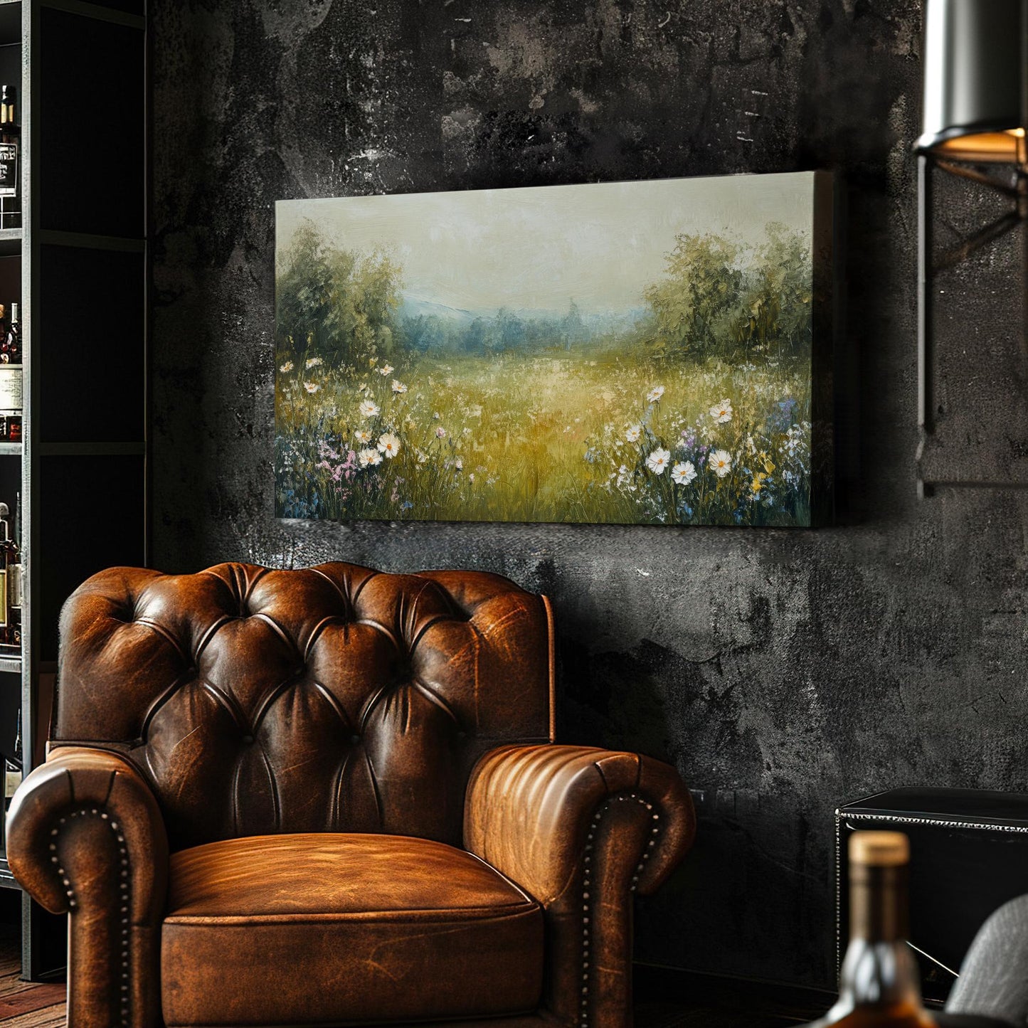 Serene Meadow Canvas Art | Impasto Floral Print | Bohemian Wall Art For Living Room | Sage Green Art | Tranquil Home Decor Horizontal Art