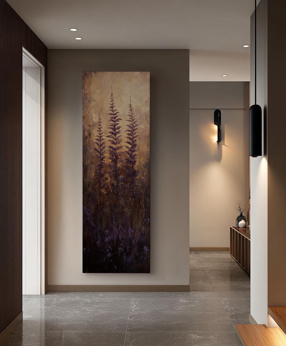 Serene Meadow Canvas Art | Impasto Botanical Print | Bohemian Wall Art For Living Room | Amethyst Dusk Art Long Vertical Art