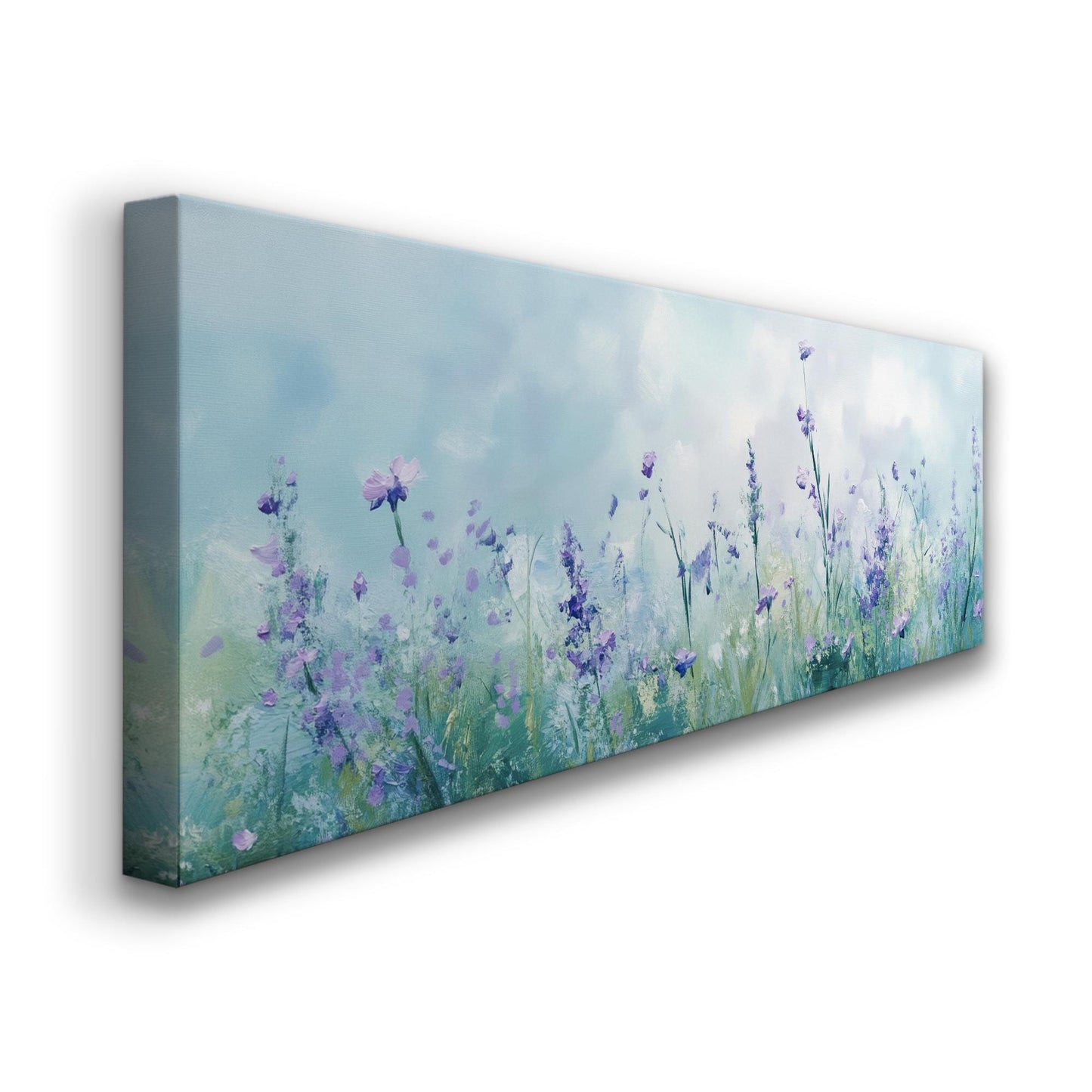 Serene Lavender Field Canvas Art | Impasto Floral Print | Bohemian Wall Art For Living Room | Celestial Blue Art Panoramic Wall Art