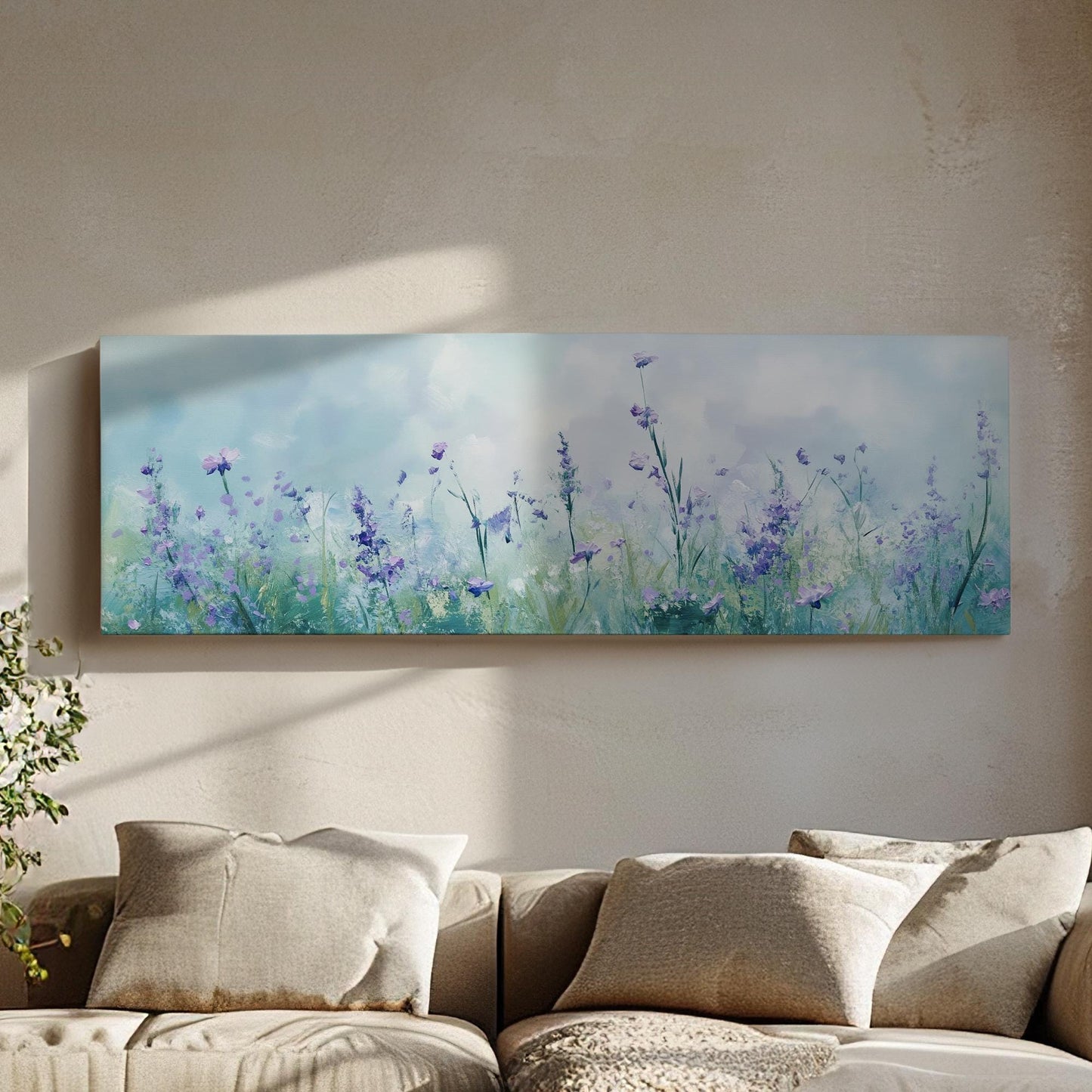 Serene Lavender Field Canvas Art | Impasto Floral Print | Bohemian Wall Art For Living Room | Celestial Blue Art Panoramic Wall Art