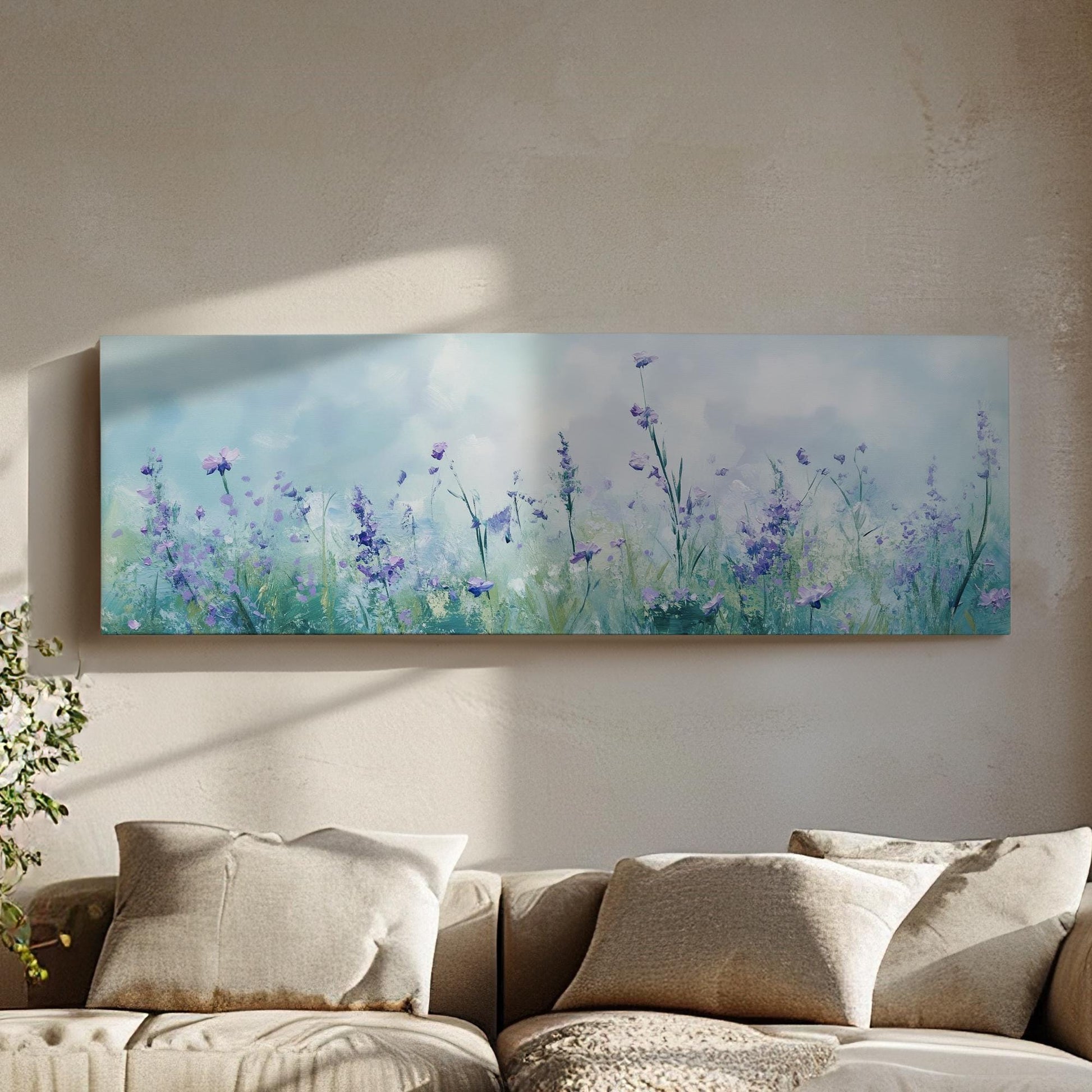 Serene Lavender Field Canvas Art | Impasto Floral Print | Bohemian Wall Art For Living Room | Celestial Blue Art Panoramic Wall Art