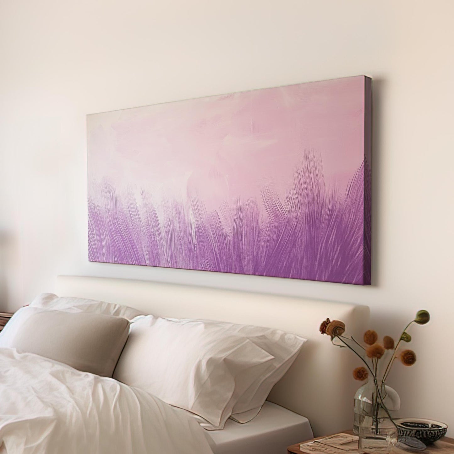 Serene Lavender Feather Canvas Art | Impasto Brushstroke Print | Bohemian Wall Art For Bedroom | Lilac Ash Art Horizontal Art