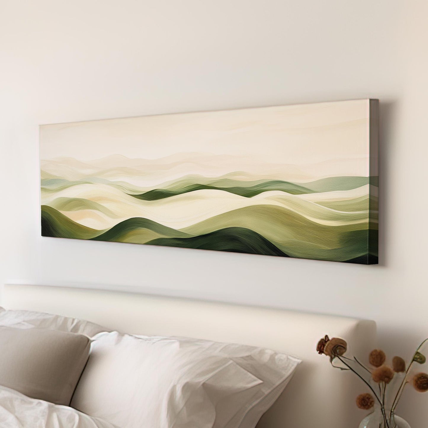 Serene Landscape Canvas Art | Impressionistic Oil Print | Biophilic Wall Art For Living Room | Sage Green Cream Art Panoramic Wall Art