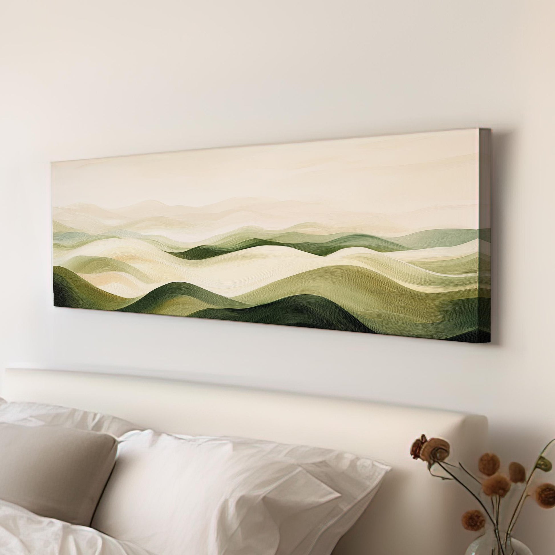 Serene Landscape Canvas Art | Impressionistic Oil Print | Biophilic Wall Art For Living Room | Sage Green Cream Art Panoramic Wall Art