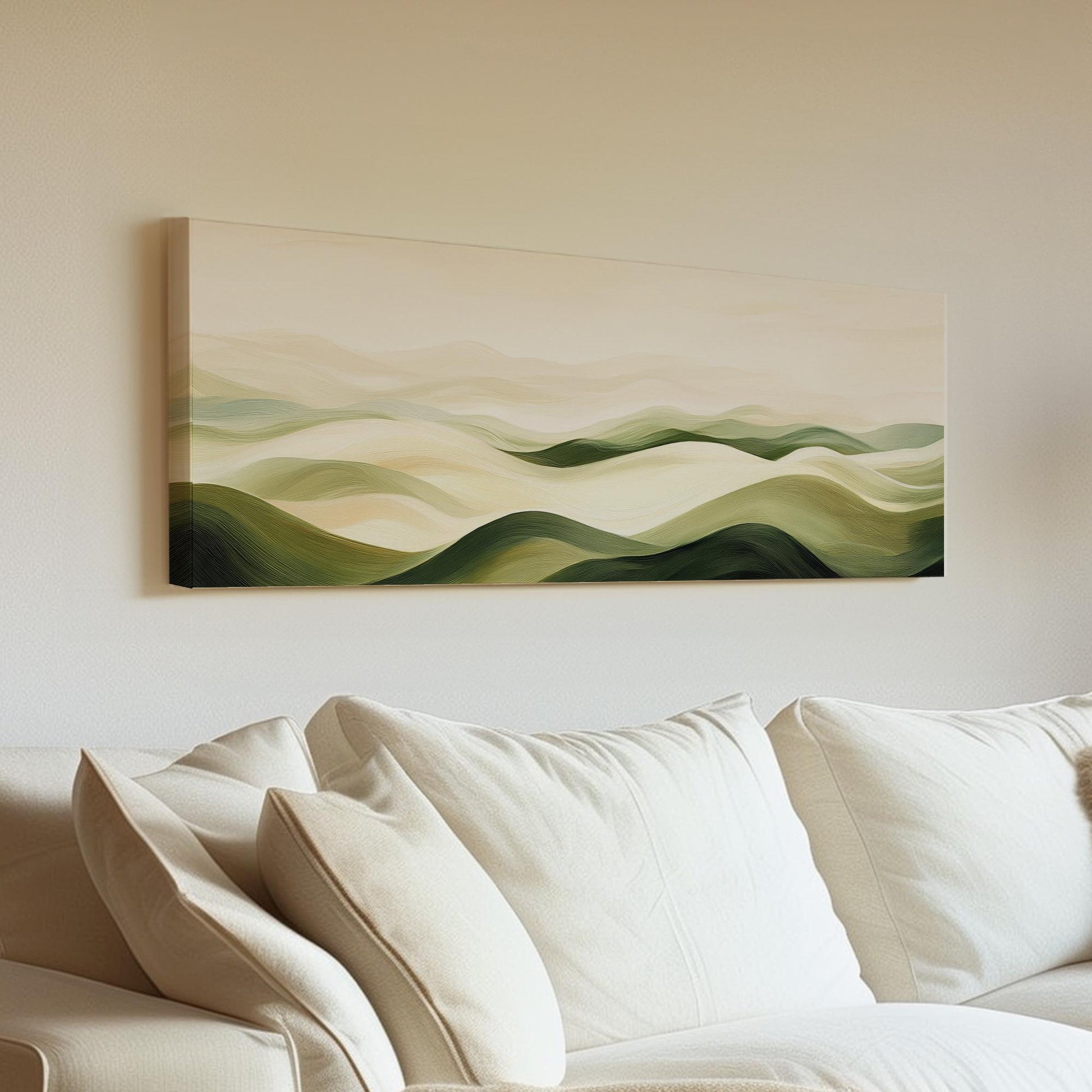 Serene Landscape Canvas Art | Impressionistic Oil Print | Biophilic Wall Art For Living Room | Sage Green Cream Art Panoramic Wall Art