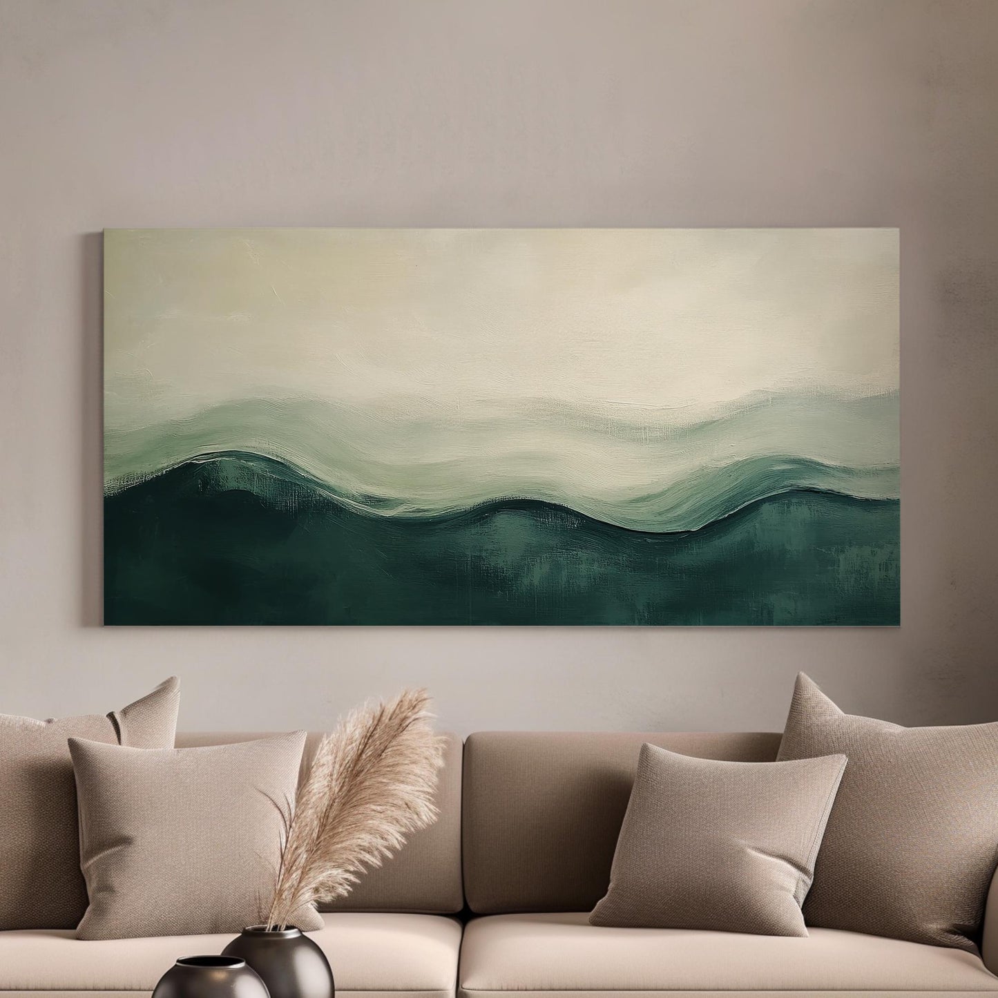 Serene Landscape Canvas Art | Impasto Impressionism Print | Biophilic Wall Art For Living Room | Sage Green and Charcoal Art Horizontal Art
