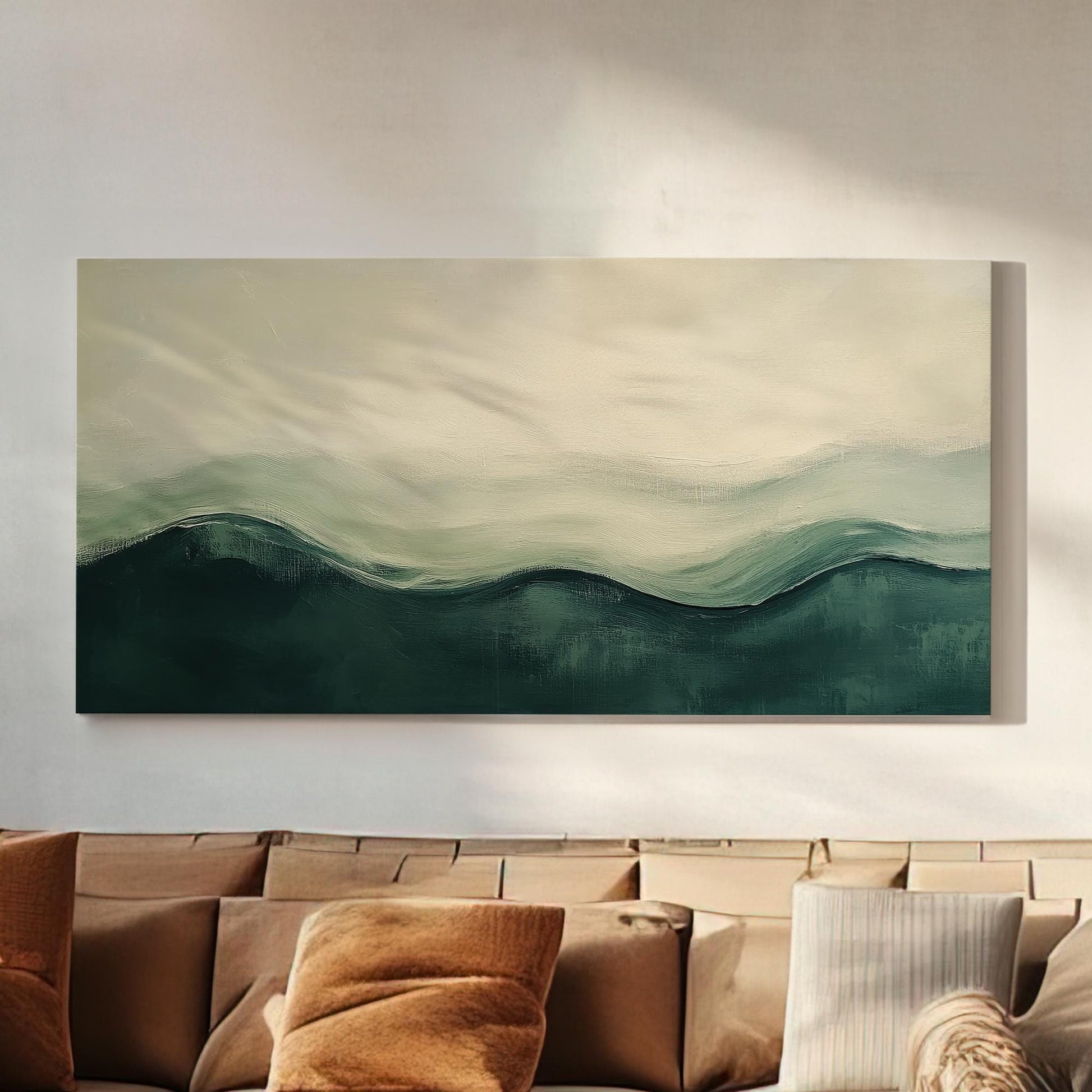 Serene Landscape Canvas Art | Impasto Impressionism Print | Biophilic Wall Art For Living Room | Sage Green and Charcoal Art Horizontal Art