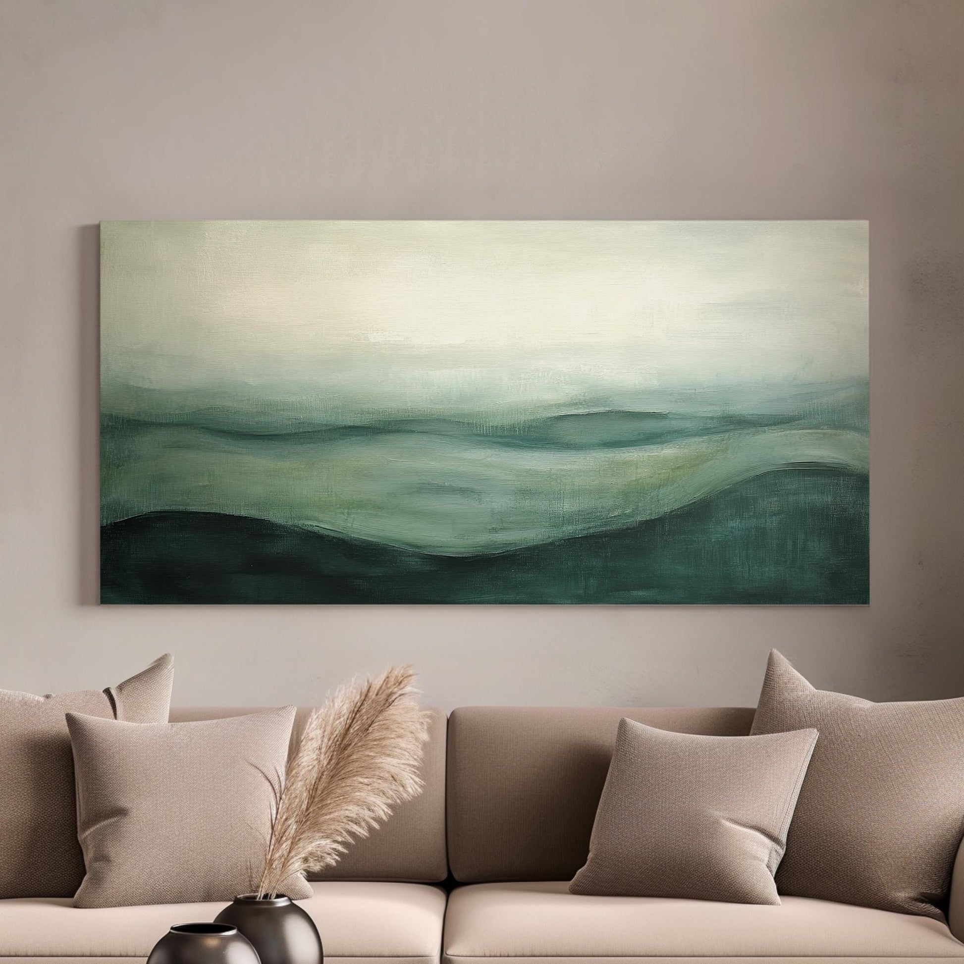 Serene Landscape Canvas Art | Impasto Brushstroke Print | Biophilic Wall Art For Living Room | Sage Green and Celadon Art Horizontal Art
