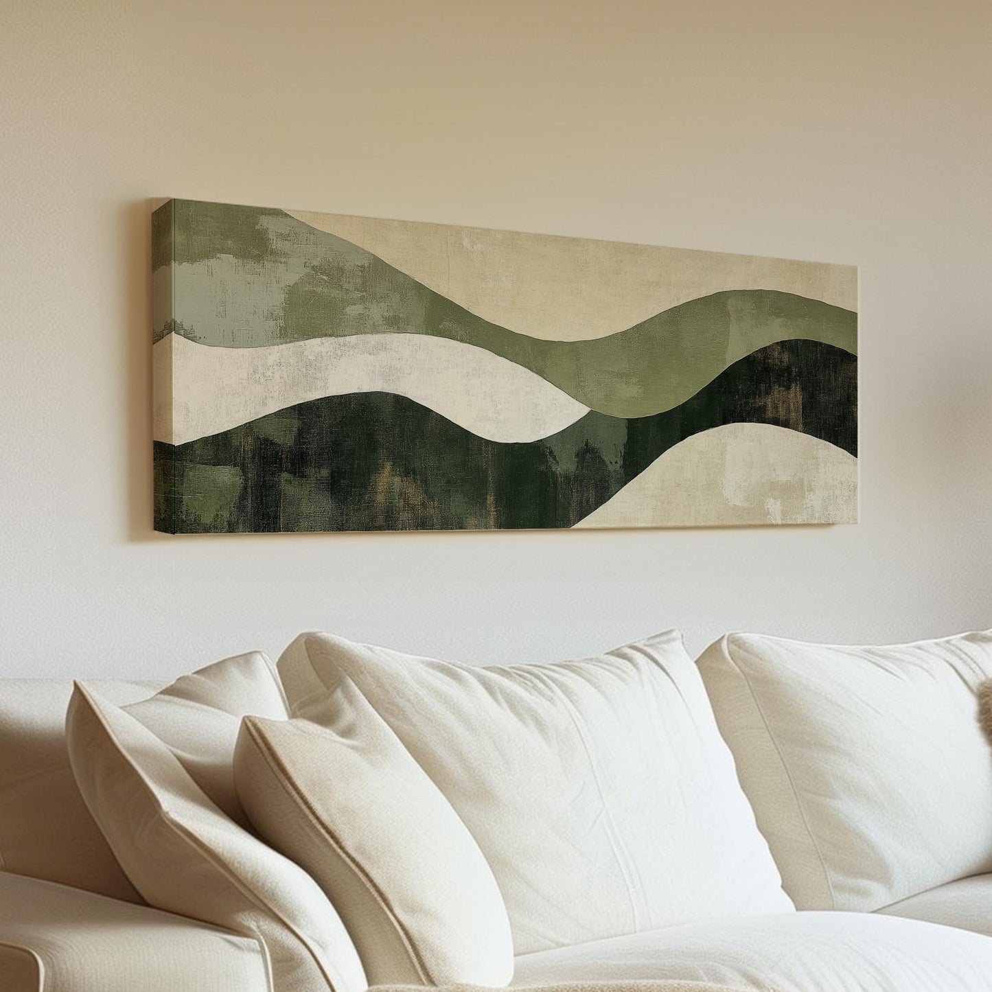 Serene Landscape Canvas Art | Abstract Expressionist Print | Biophilic Wall Art For Living Room | Sage Green Oyster Art Panoramic Wall Art