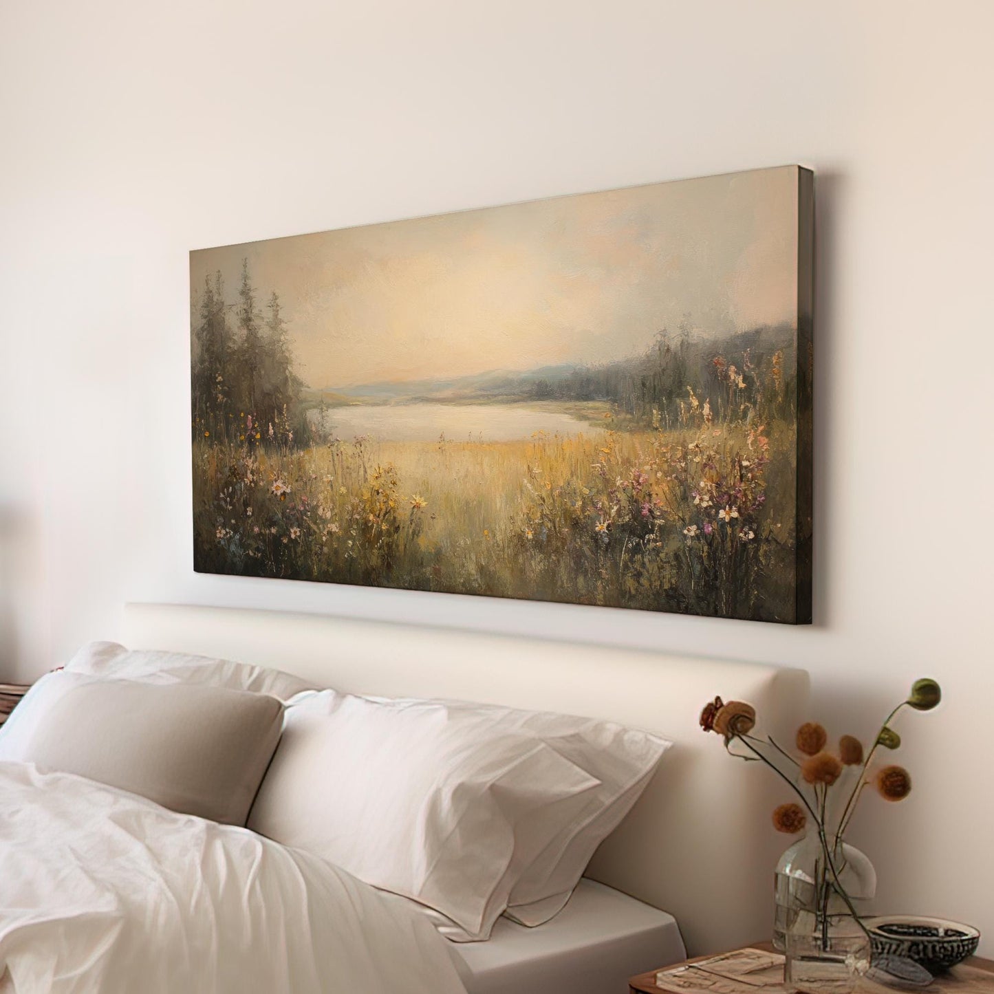 Serene Lakeside Meadow Canvas Art | Impressionist Oil Print | Tranquil Farmhouse Wall Art For Living Room Horizontal Art