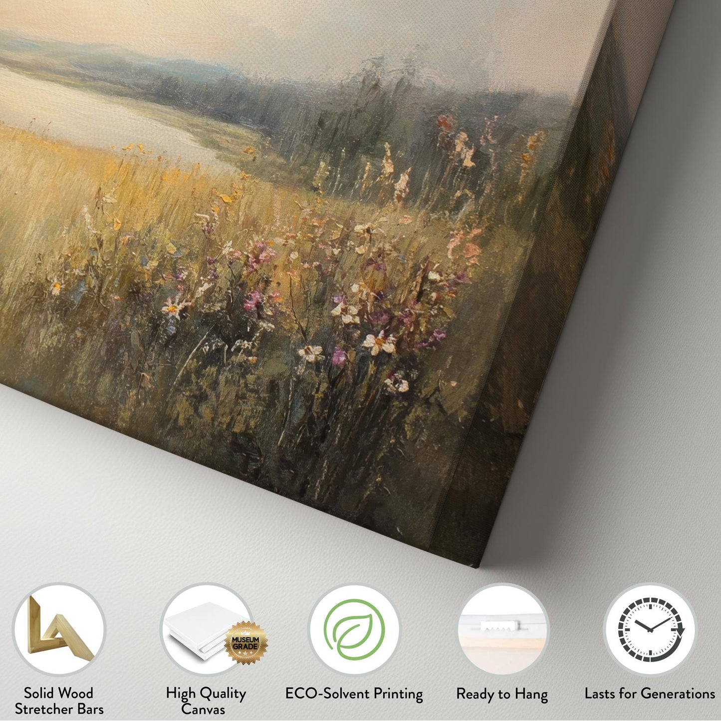 Serene Lakeside Meadow Canvas Art | Impressionist Oil Print | Tranquil Farmhouse Wall Art For Living Room Horizontal Art