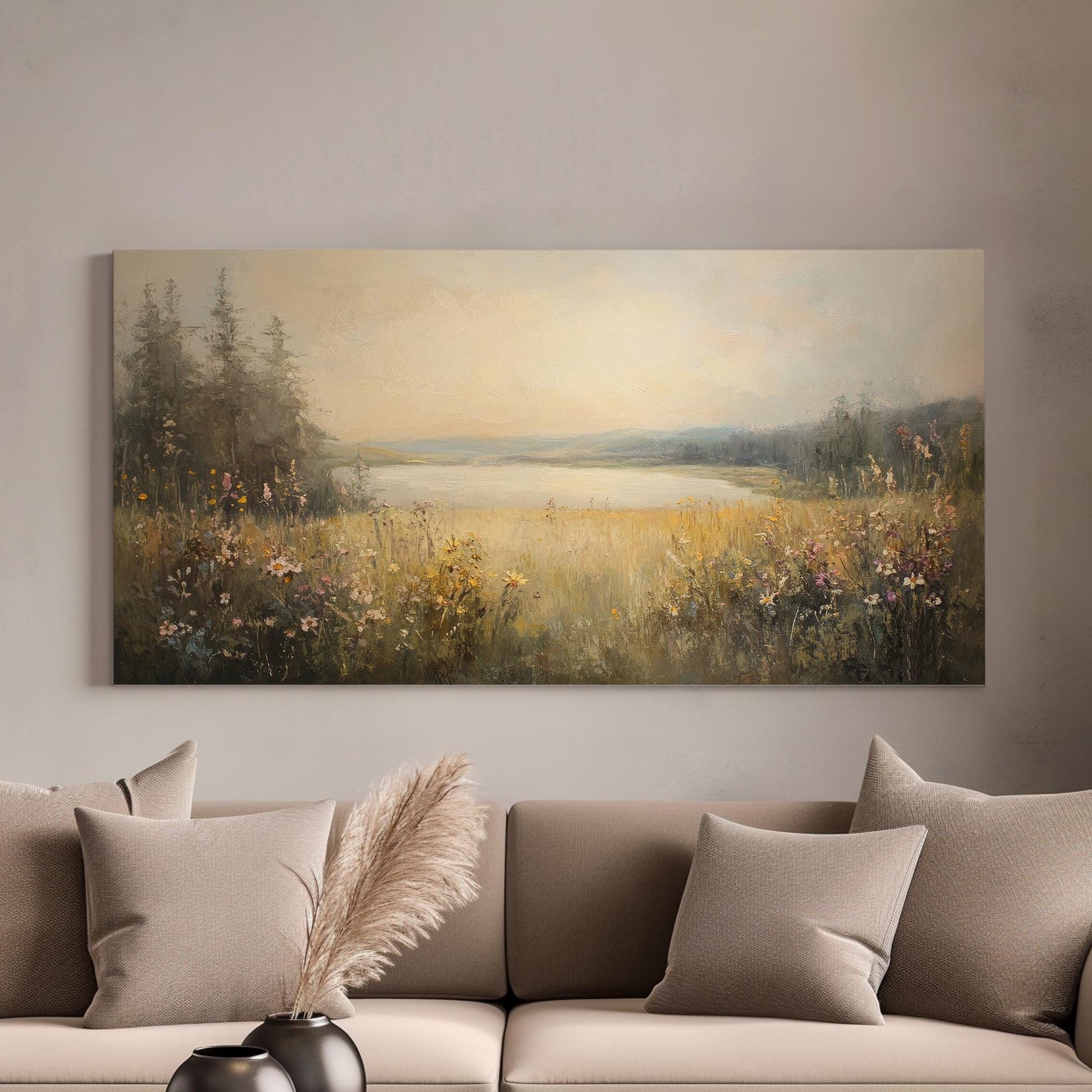 Serene Lakeside Meadow Canvas Art | Impressionist Oil Print | Tranquil Farmhouse Wall Art For Living Room Horizontal Art