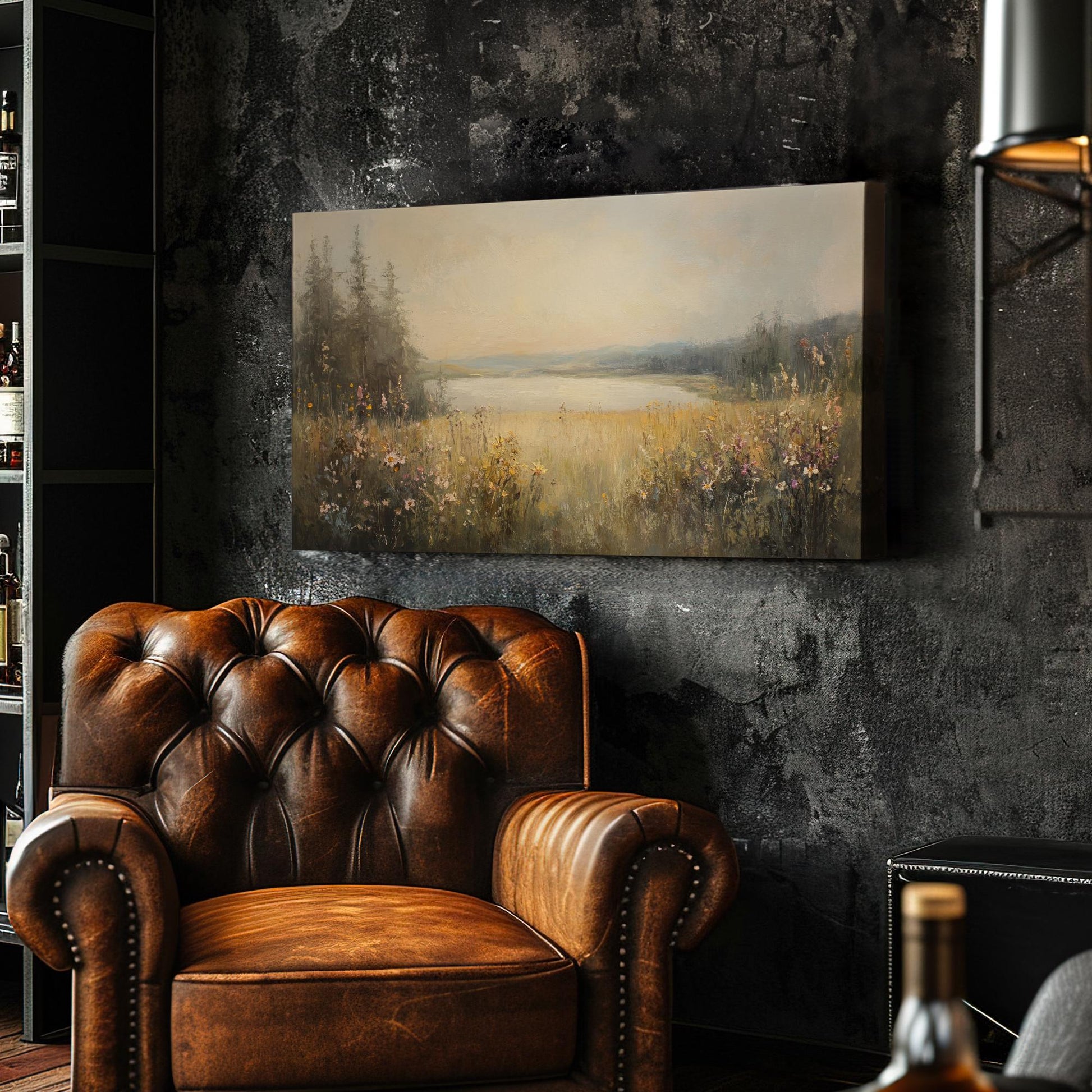 Serene Lakeside Meadow Canvas Art | Impressionist Oil Print | Tranquil Farmhouse Wall Art For Living Room Horizontal Art