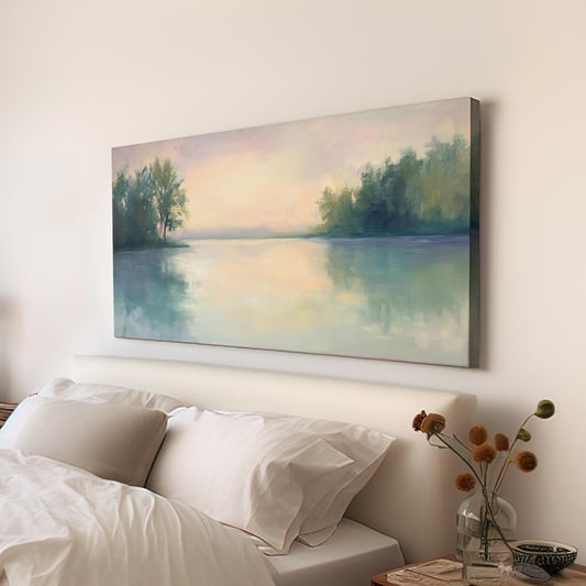 Serene Lakeside Canvas Art | Impressionistic Oil Print | Tranquil Coastal Wall Art For Living Room | Celadon Green Art Horizontal Art