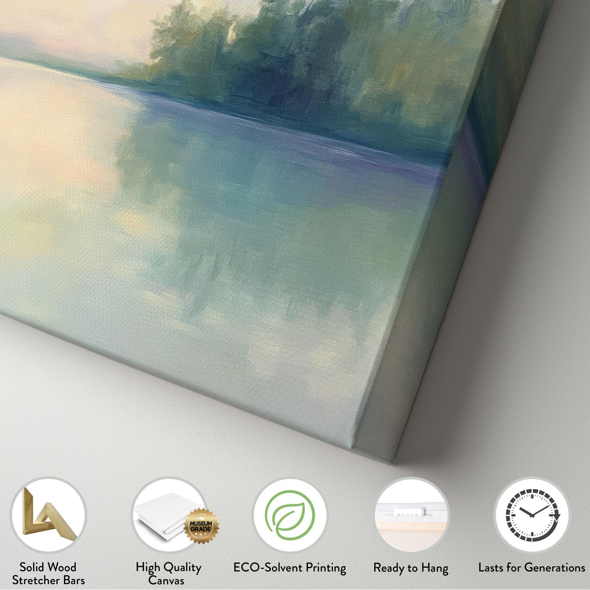 Serene Lakeside Canvas Art | Impressionistic Oil Print | Tranquil Coastal Wall Art For Living Room | Celadon Green Art Horizontal Art