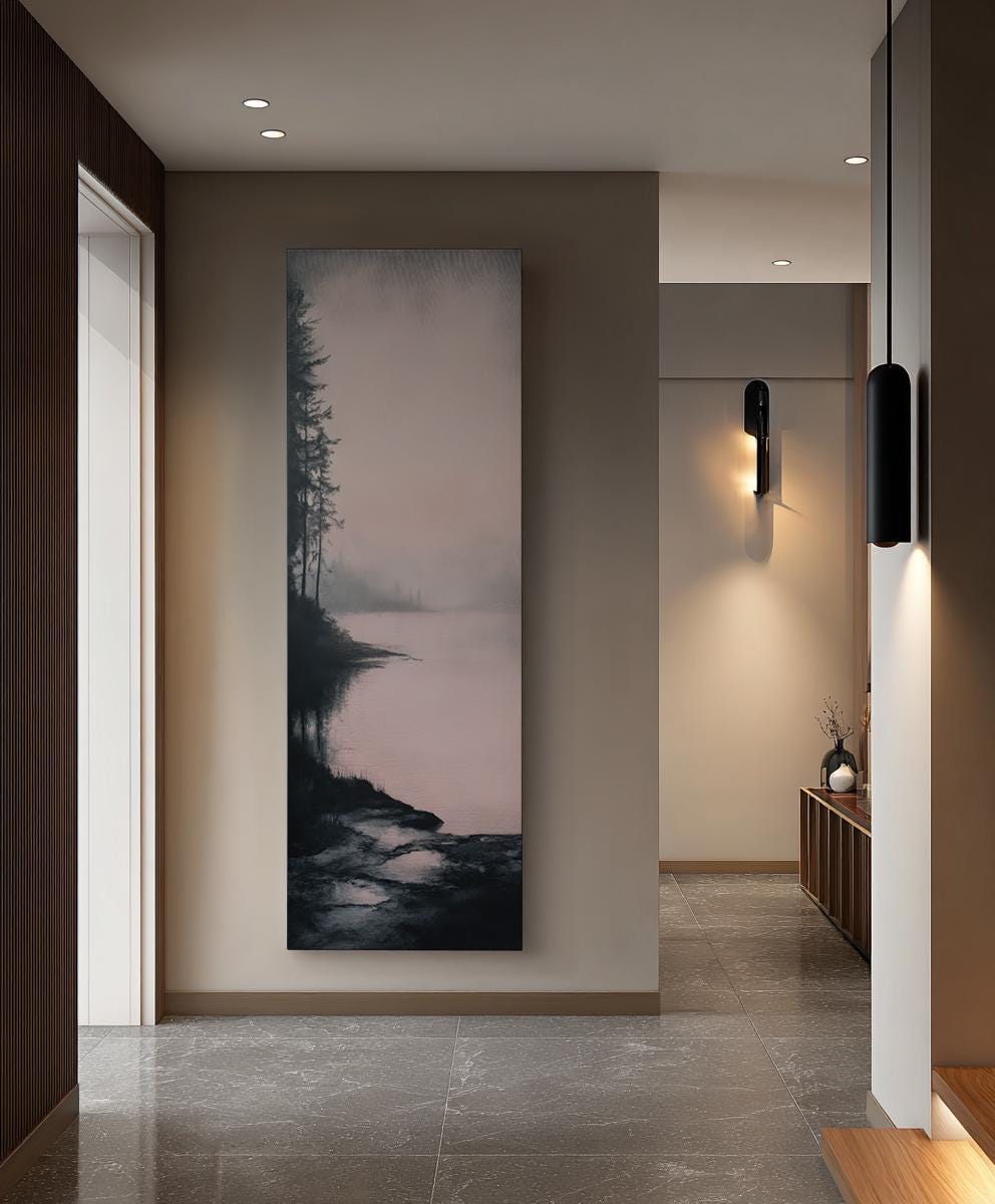 Serene Lakeshore Canvas Art | Subtle Impressionism Print | Tranquil Scandinavian Wall Art For Living Room Long Vertical Art