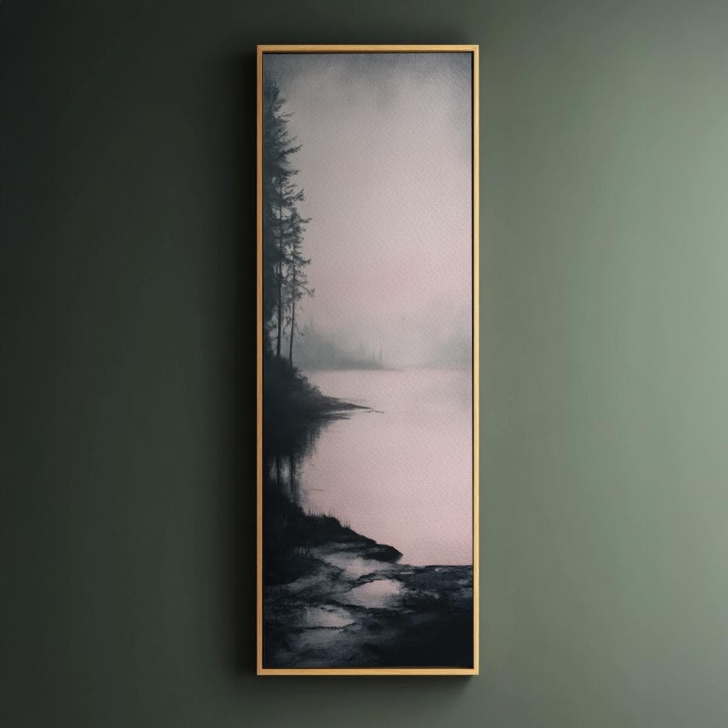 Serene Lakeshore Canvas Art | Subtle Impressionism Print | Tranquil Scandinavian Wall Art For Living Room Long Vertical Art