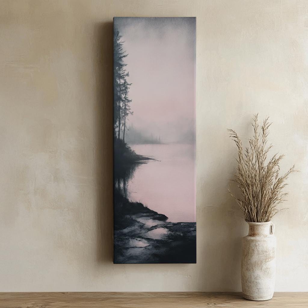 Serene Lakeshore Canvas Art | Subtle Impressionism Print | Tranquil Scandinavian Wall Art For Living Room Long Vertical Art