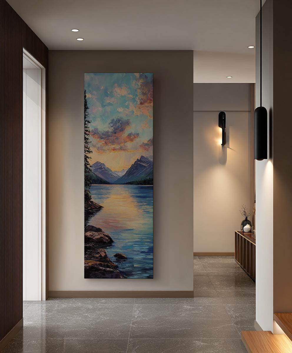Serene Lake Sunset Canvas Art | Impasto Impressionism Print | Coastal Bohemian Wall Art For Living Room Long Vertical Art