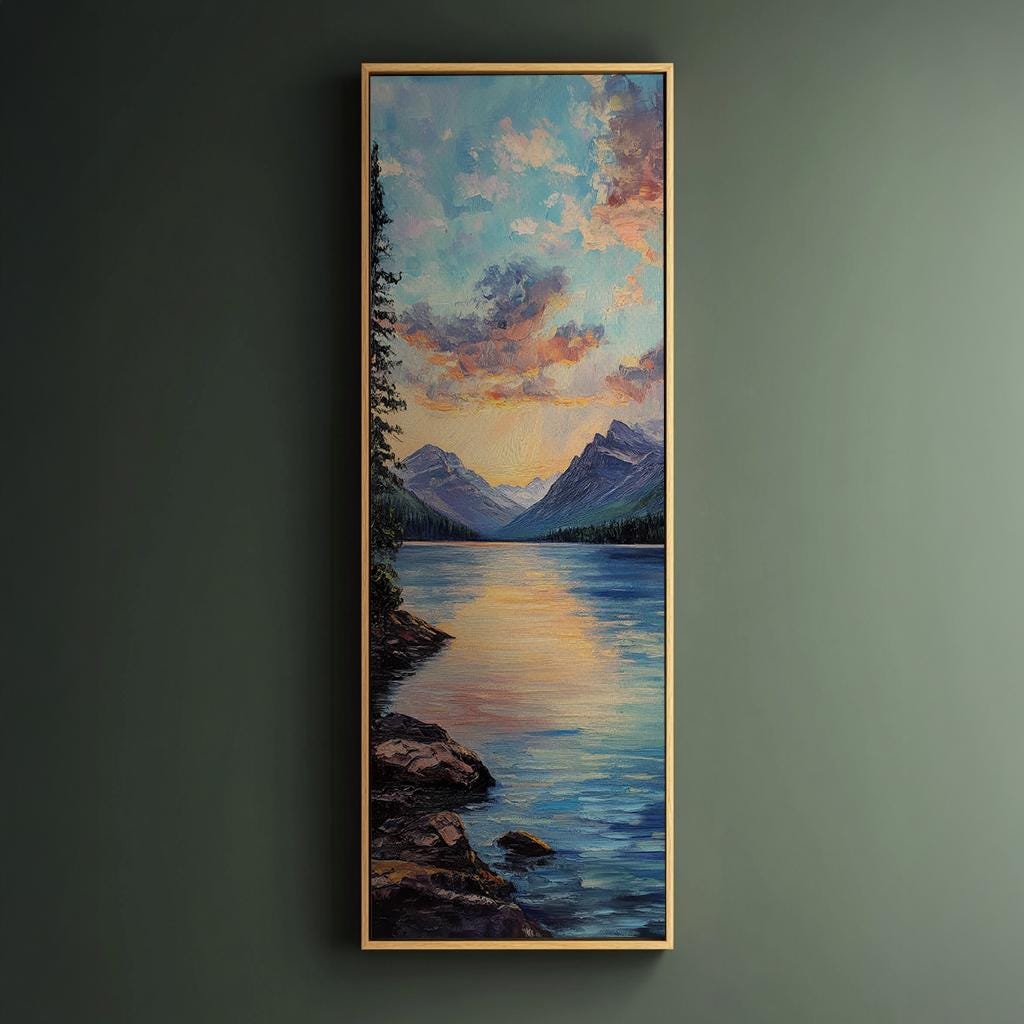 Serene Lake Sunset Canvas Art | Impasto Impressionism Print | Coastal Bohemian Wall Art For Living Room Long Vertical Art