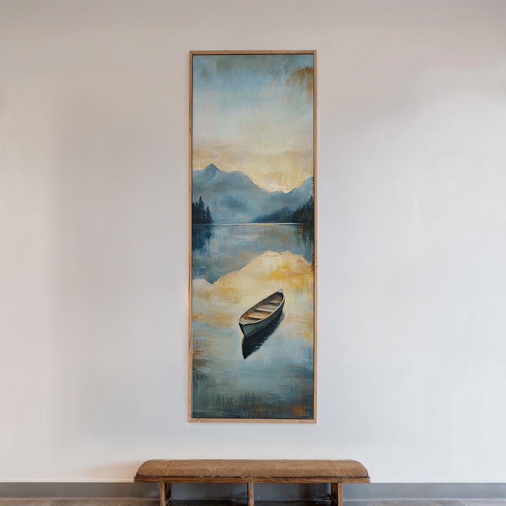 Serene Lake Rowboat Canvas Art | Impressionistic Oil Print | Tranquil Coastal Wall Art For Living Room | Smoky Quartz Art Long Vertical Art