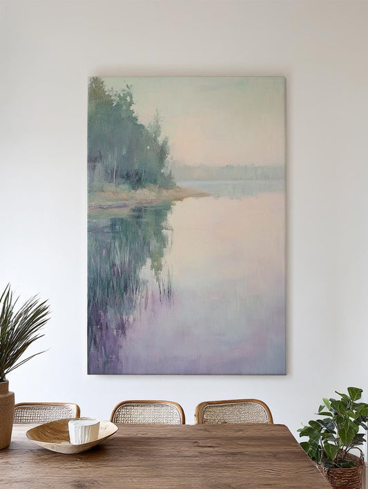 Serene Lake Reflection Canvas Art | Impressionistic Oil Print | Tranquil Coastal Wall Art For Living Room Vertical Canvas