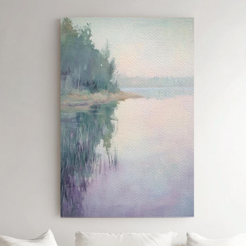 Serene Lake Reflection Canvas Art | Impressionistic Oil Print | Tranquil Coastal Wall Art For Living Room Vertical Canvas
