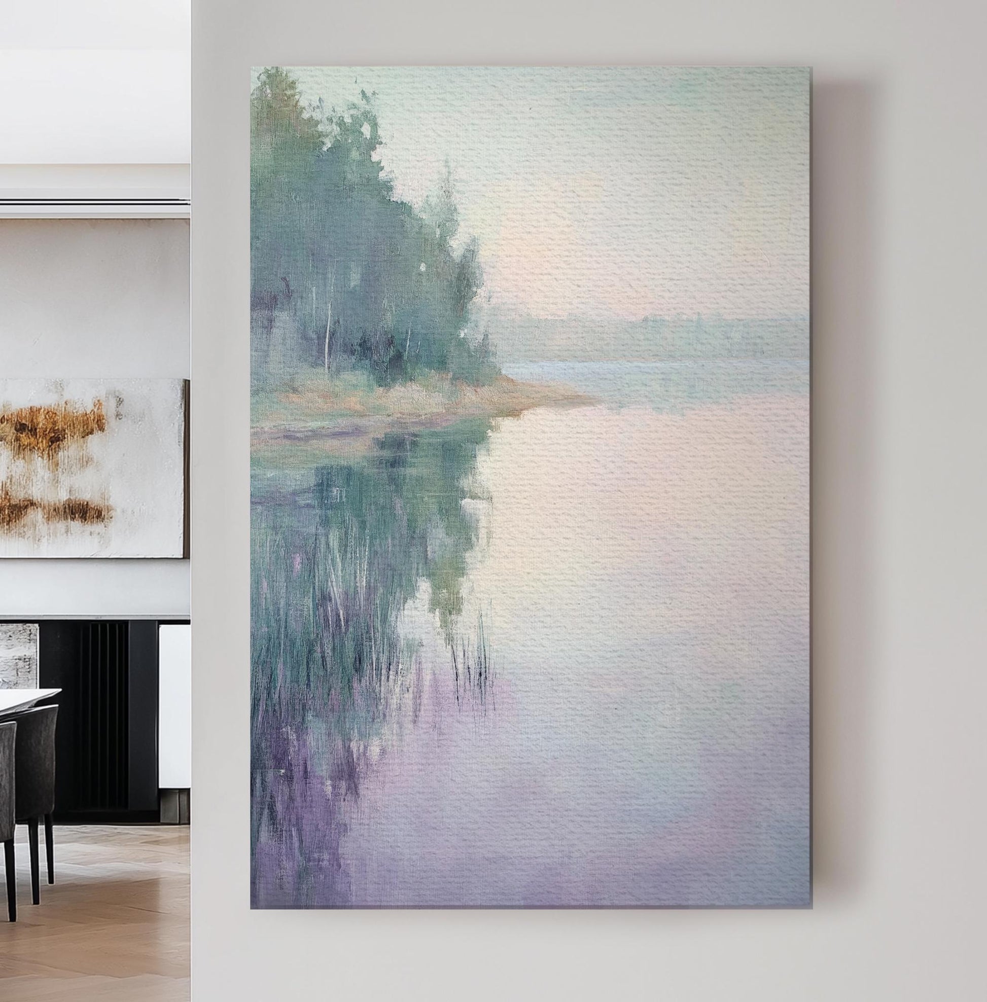 Serene Lake Reflection Canvas Art | Impressionistic Oil Print | Tranquil Coastal Wall Art For Living Room Vertical Canvas