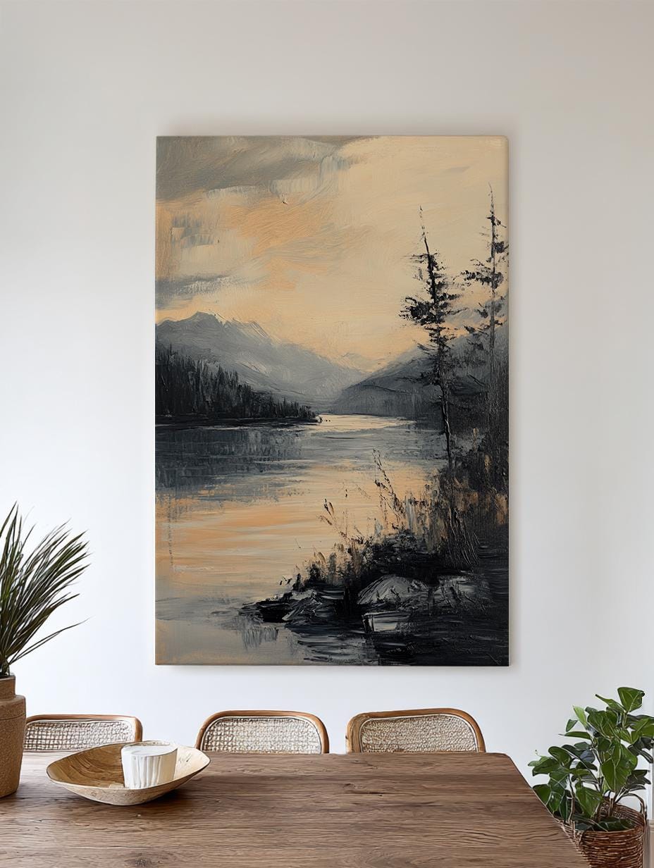 Serene Lake Canvas Art | Impasto Impressionism Print | Tranquil Minimalist Wall Art For Living Room Vertical Canvas