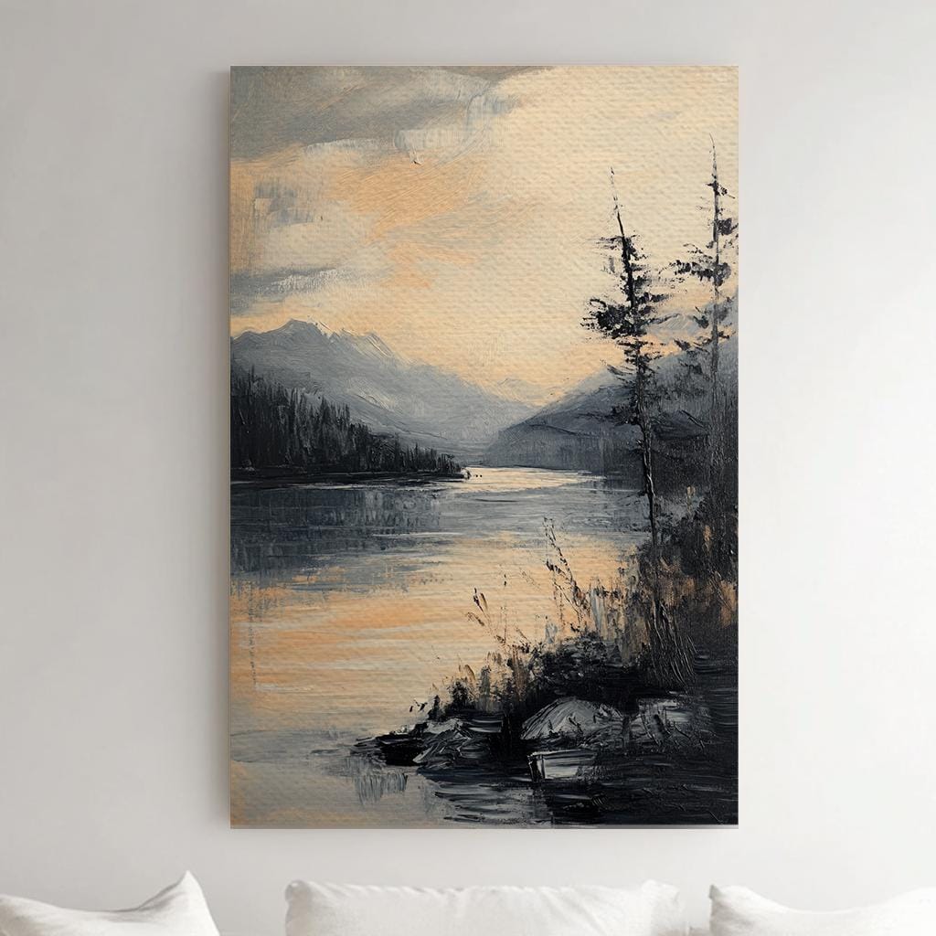 Serene Lake Canvas Art | Impasto Impressionism Print | Tranquil Minimalist Wall Art For Living Room Vertical Canvas