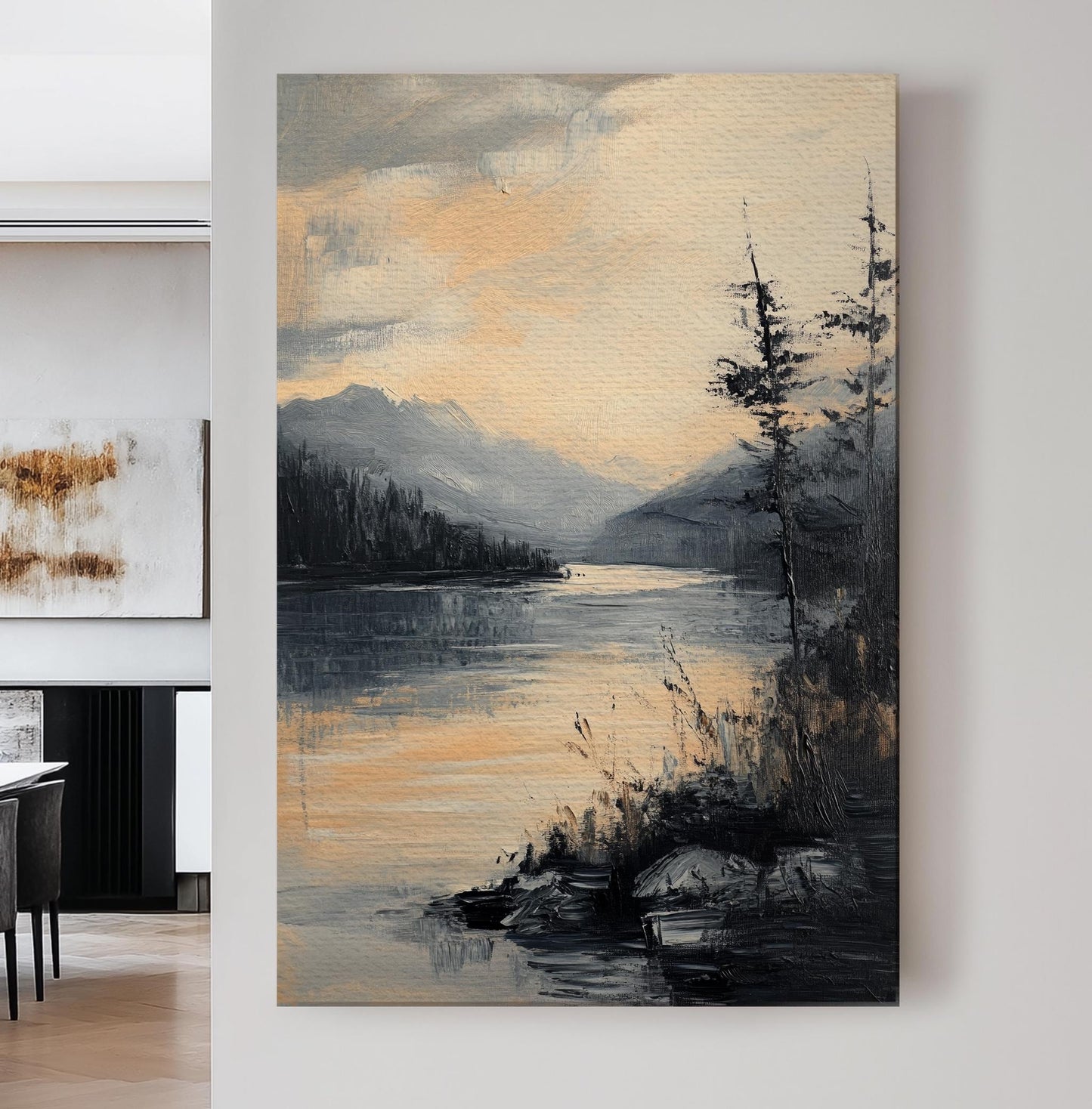Serene Lake Canvas Art | Impasto Impressionism Print | Tranquil Minimalist Wall Art For Living Room Vertical Canvas