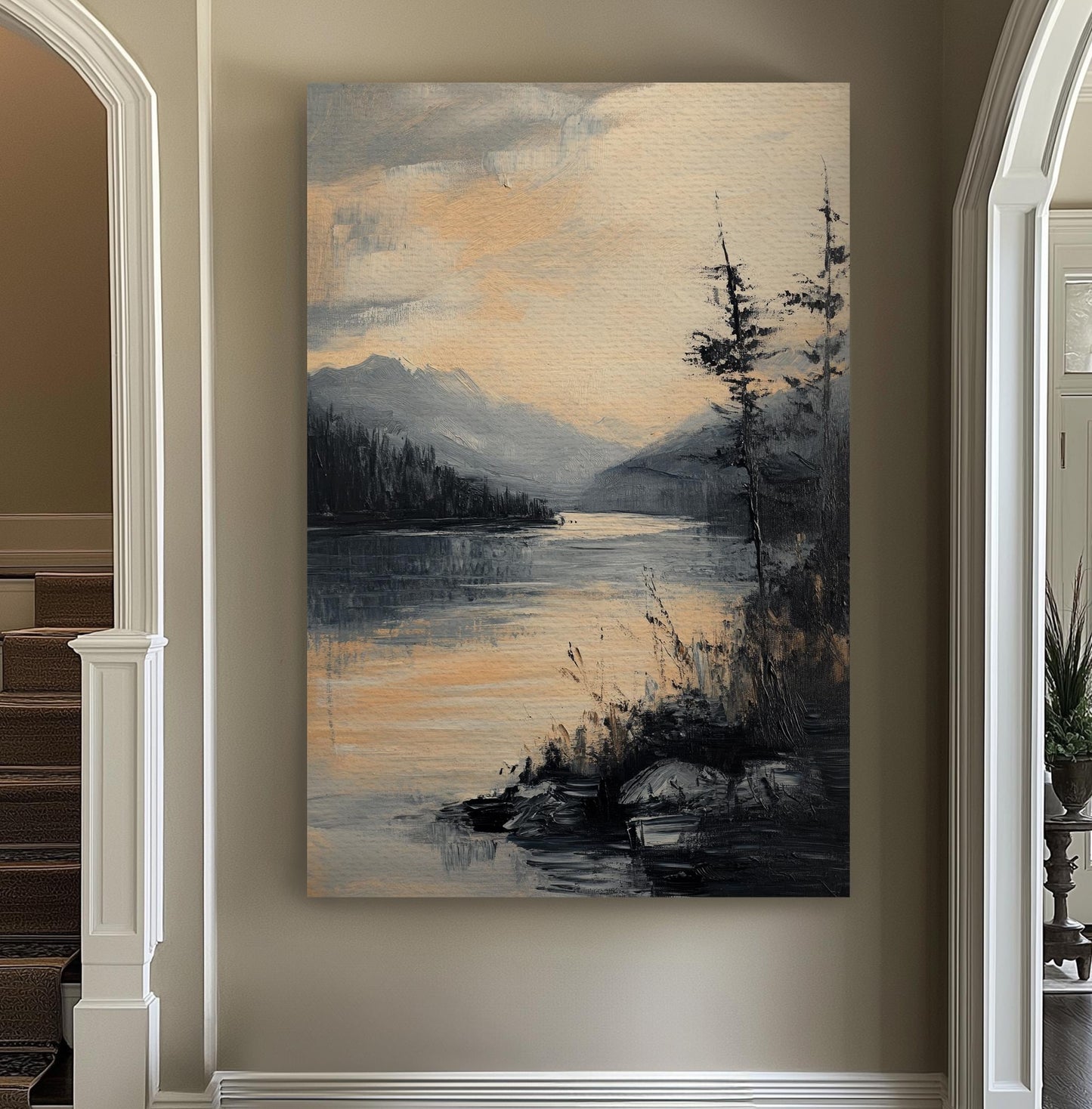 Serene Lake Canvas Art | Impasto Impressionism Print | Tranquil Minimalist Wall Art For Living Room Vertical Canvas