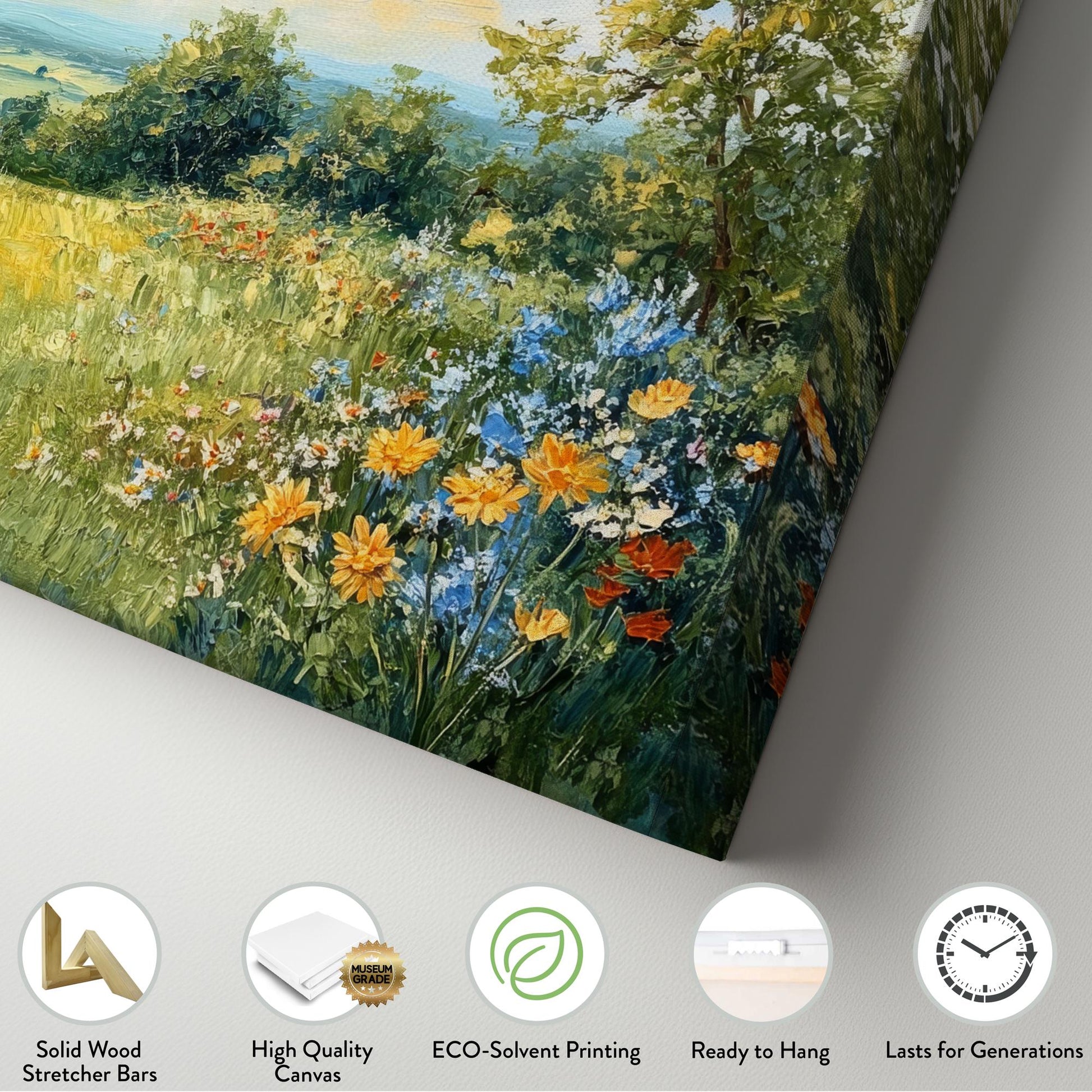 Serene Hillside Landscape Canvas Art | Impasto Floral Print | Bohemian Wall Art For Living Room | Honeycomb Wheatfield Art Horizontal Art