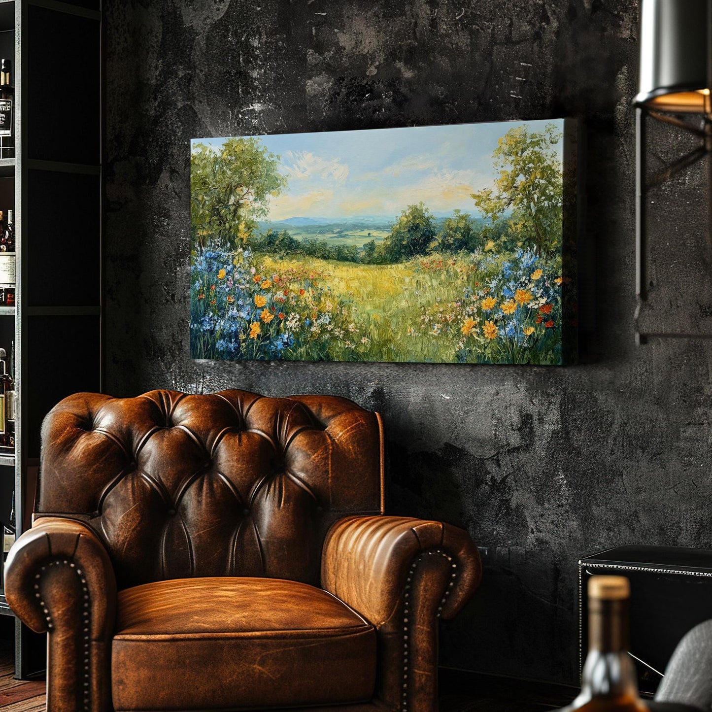 Serene Hillside Landscape Canvas Art | Impasto Floral Print | Bohemian Wall Art For Living Room | Honeycomb Wheatfield Art Horizontal Art