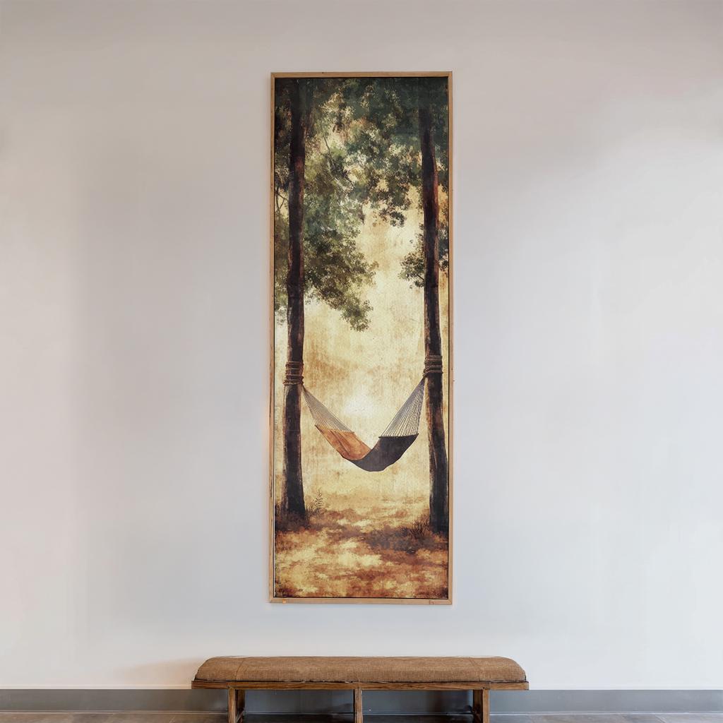 Serene Hammock Scene Canvas Art | Watercolor Wash Print | Bohemian Wall Art For Living Room | Earthy Sienna Art Long Vertical Art